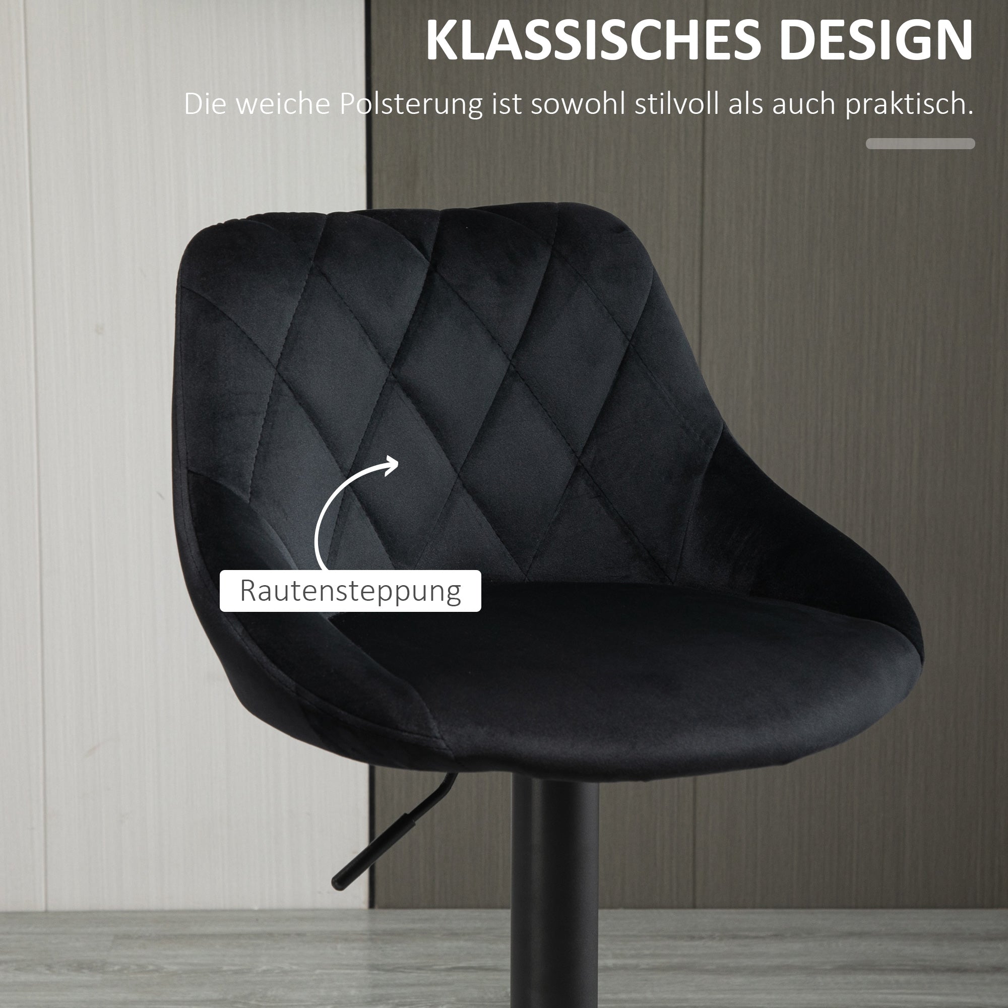 HOMCOM Barhocker 2er-Set Barstuhl mit Lehne, Samt-Optik, Stahlgestell, Höhenverstellbare Küchenstühle mit Fußstütze Drehbar Tresenhocker, Schwarz