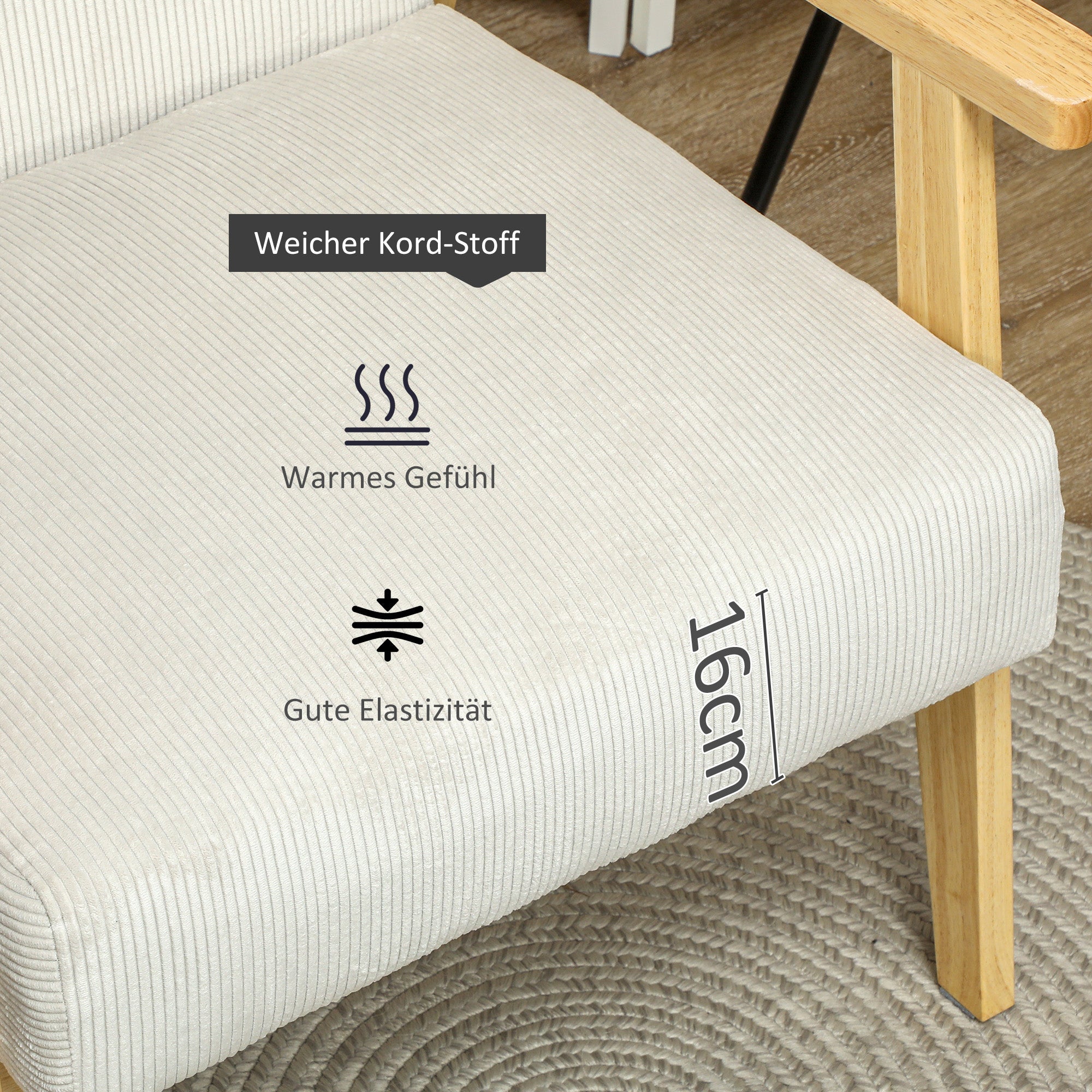 HOMCOM Moderner Sessel mit Armlehnen, mit Stoffbezug, aus Kautschukholz, Akzentsessel, trägt 120 kg, Cremeweiß
