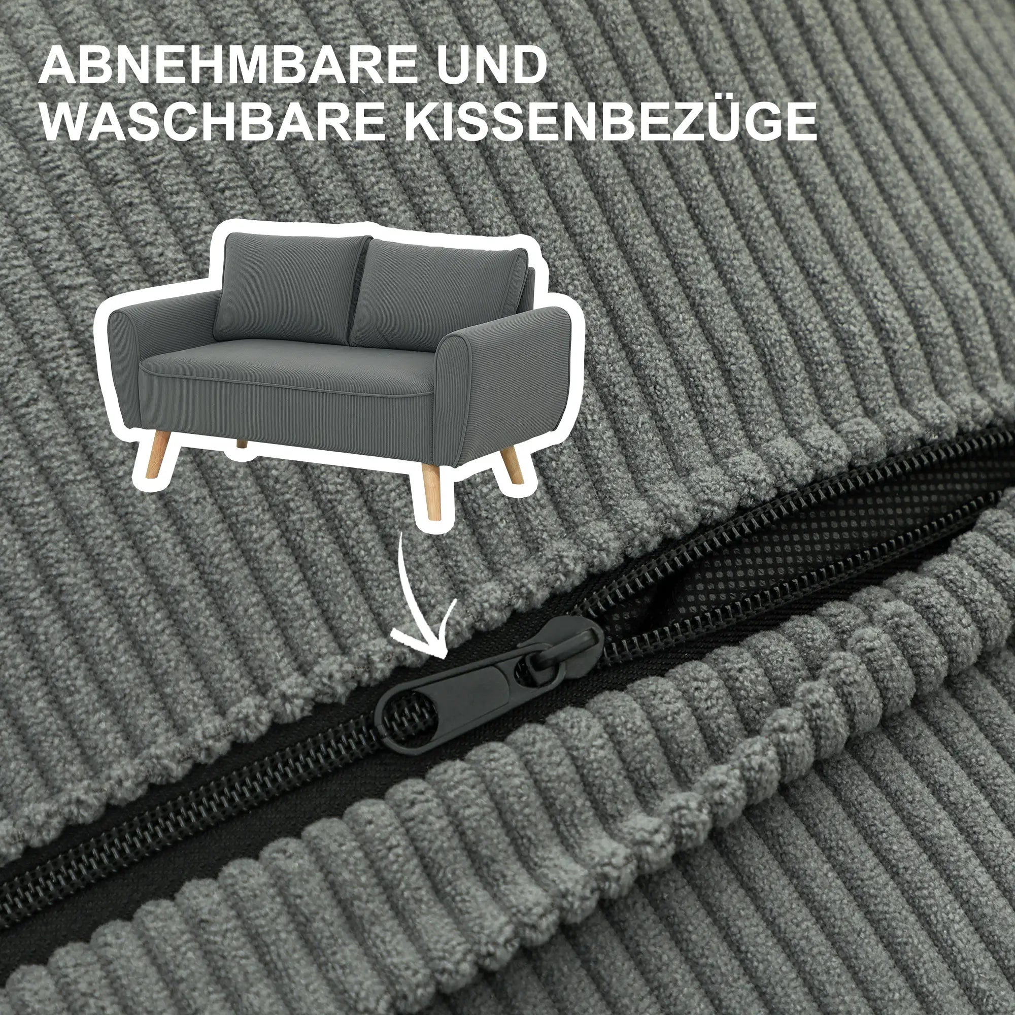 HOMCOM Zweisitzer Sofa Cord tiefe Sitze abnehmbare Kissen Dunkelgrau