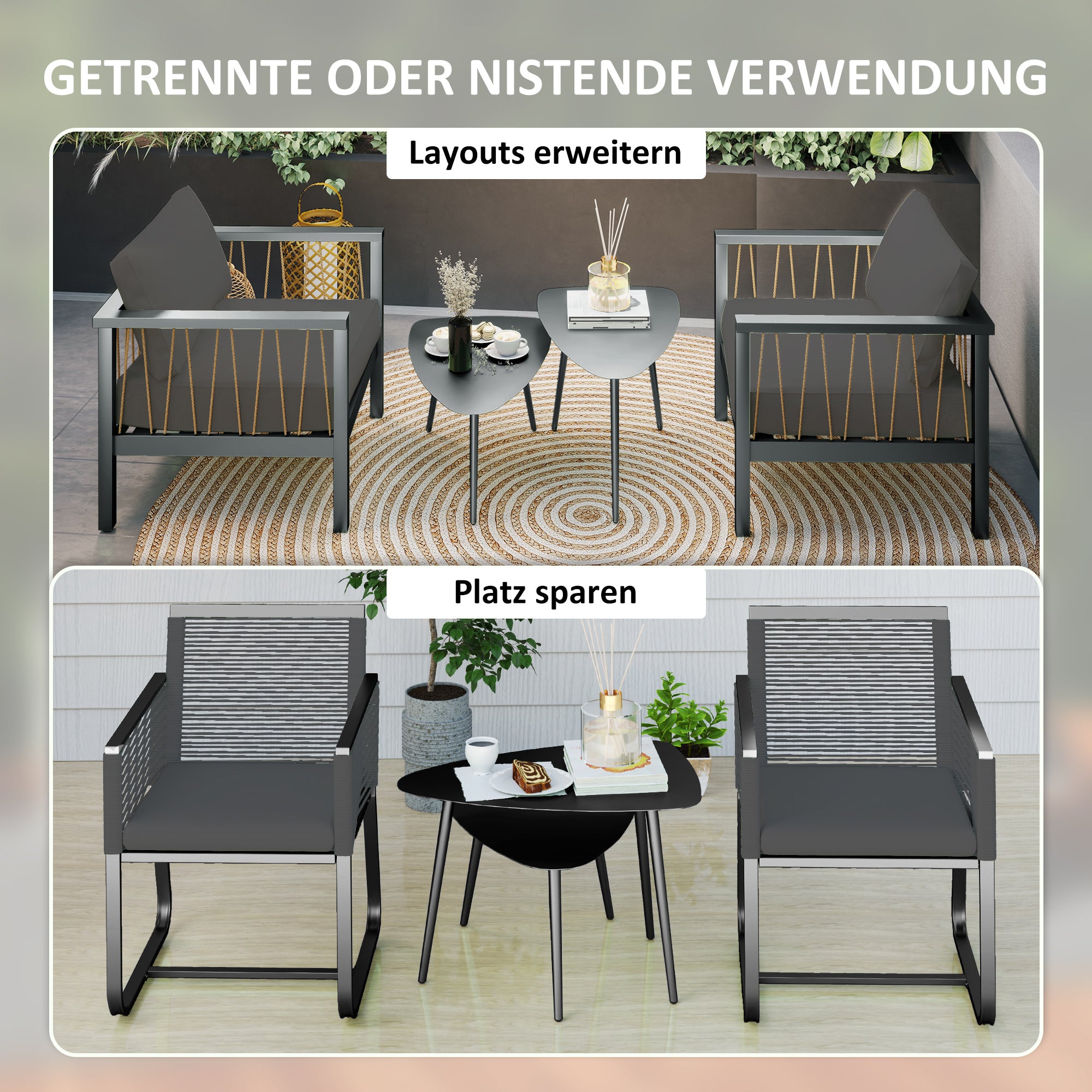 Outsunny Couchtisch 2er Set, Wetterfest Balkontisch aus Stahl, Beistelltisch im Geometrischem Design Schwarz