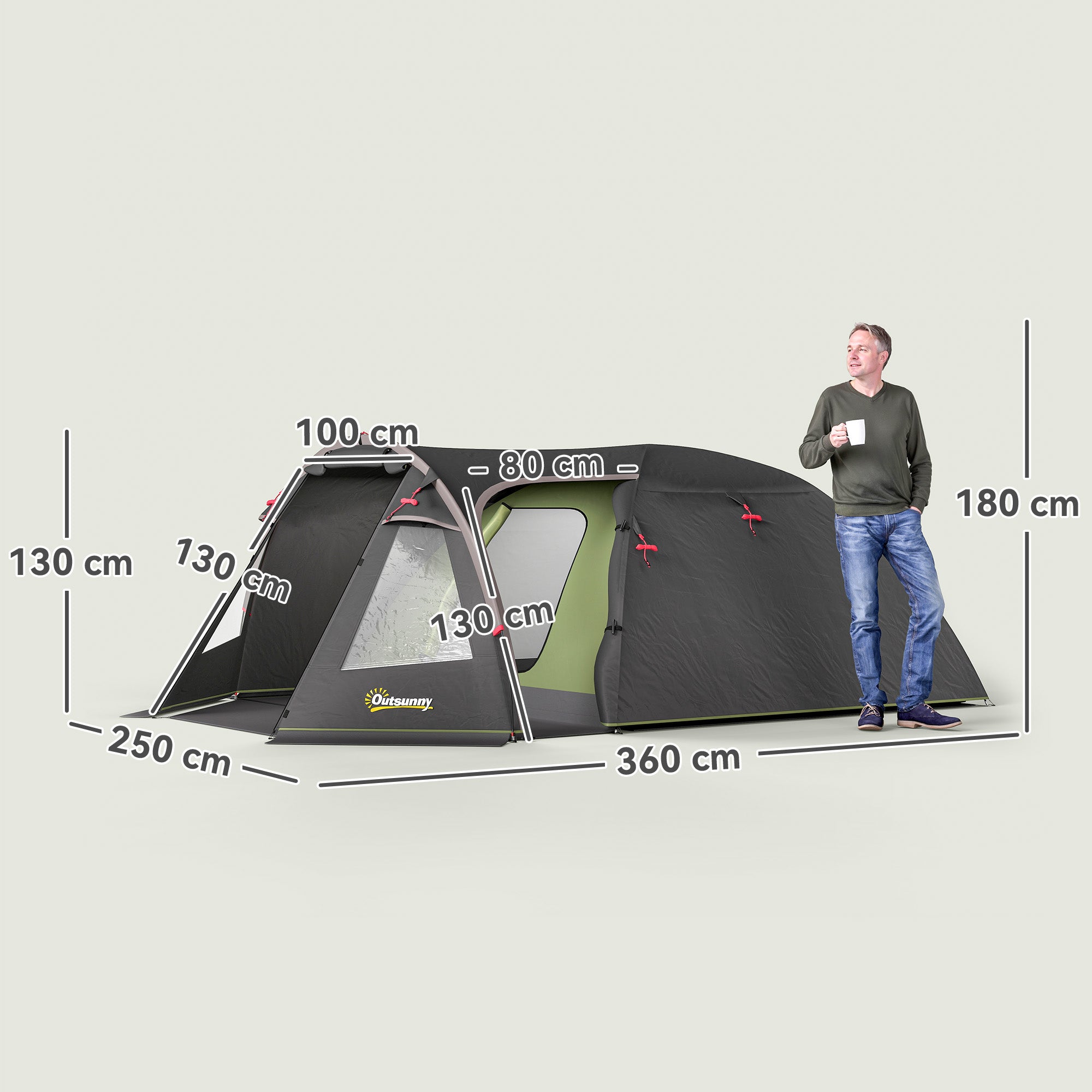 Outsunny Tunnelzelt für 4 Personen leicht, stabil wasserdicht UV 50+ Campingzelt mit Vordach Doppeltür Schwarz