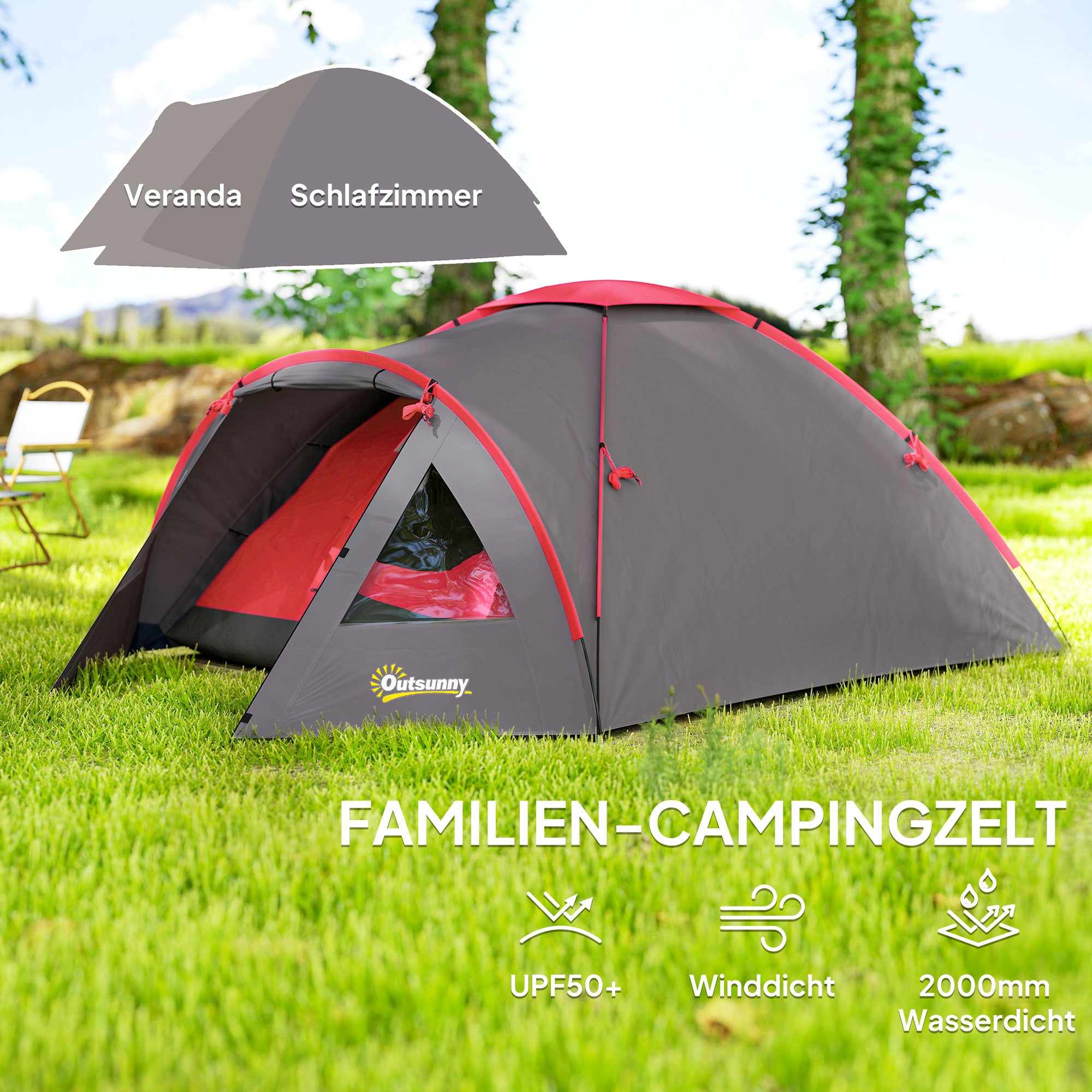 Outsunny Campingzelt für 3 Personen leicht, stabil wasserdicht UV 50+ mit Vordach Tür Fenster, Bodenplane Grau