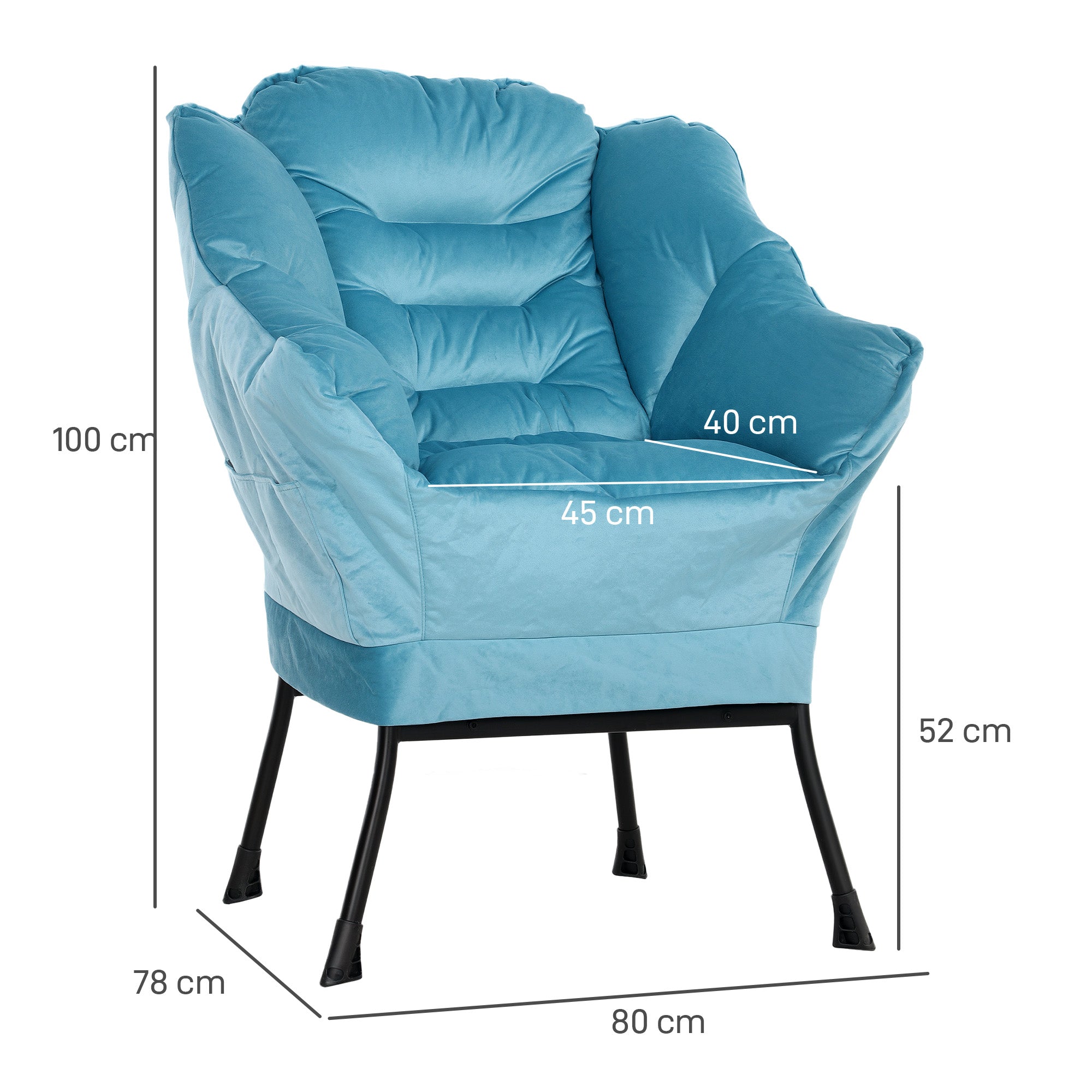 HOMCOM Moderner Akzentstuhl, Polsterstuhl mit Stahlbeinen und Seitentaschen, für Wohnzimmer, Schlafzimmer, Blau