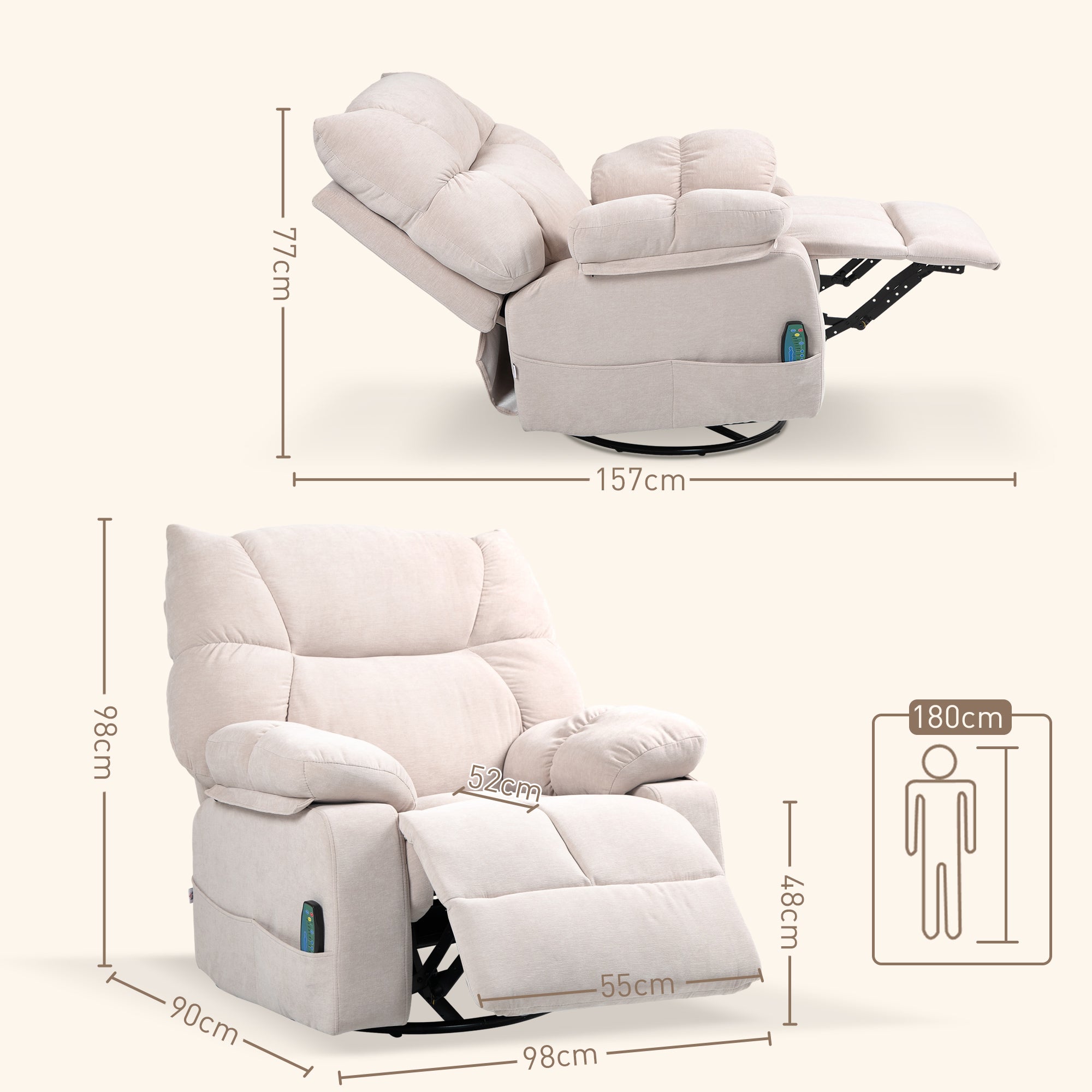 HOMCOM Massagesessel mit Wärme- & Liegefunktion, drehbar, bis 150 kg, Metallgestell, 98x90x98cm, Beige