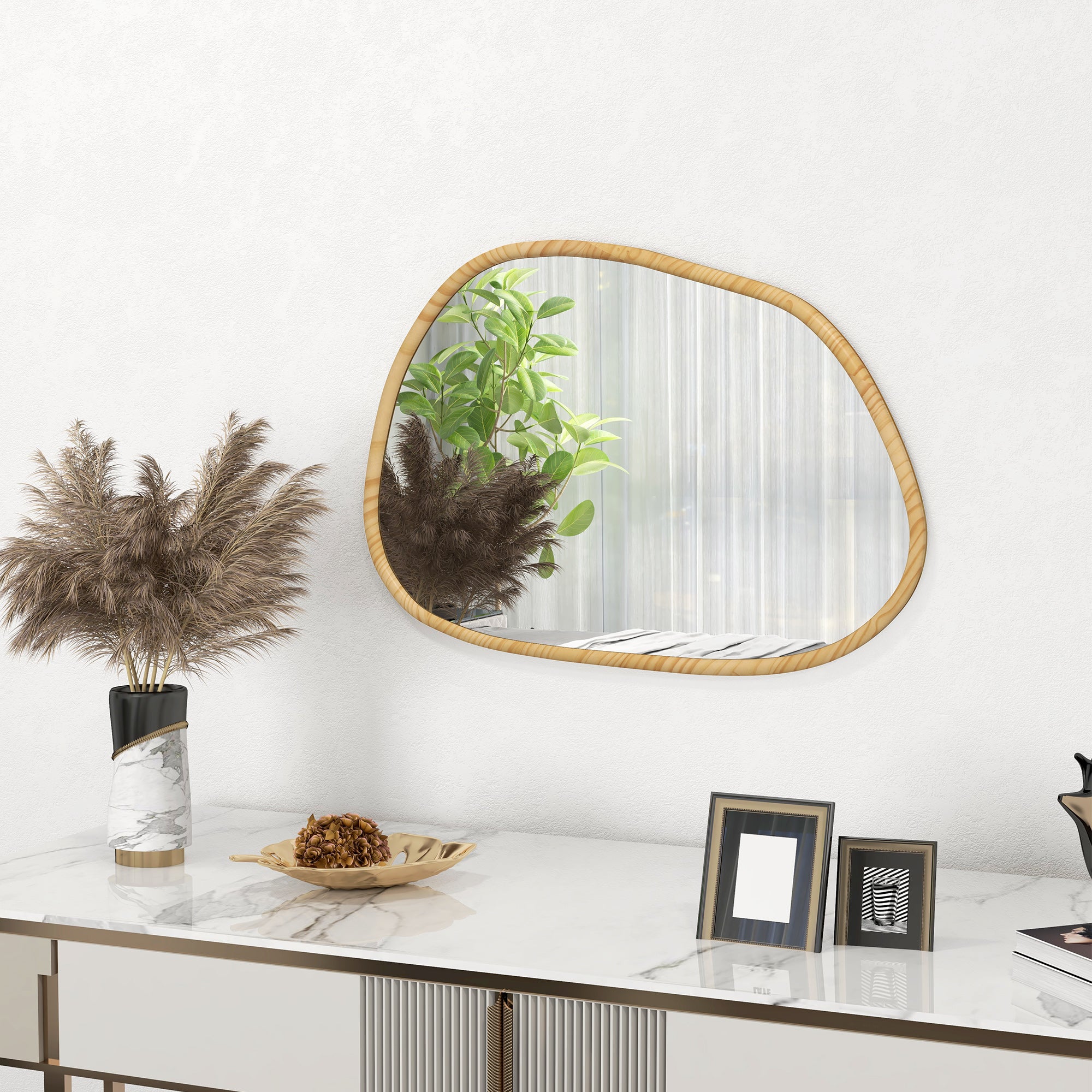HOMCOM Wandspiegel Dekospiegel Spiegel, Vintage-Design, 70 cm x 2,1 cm x 50 cm, Massivholz, Natur