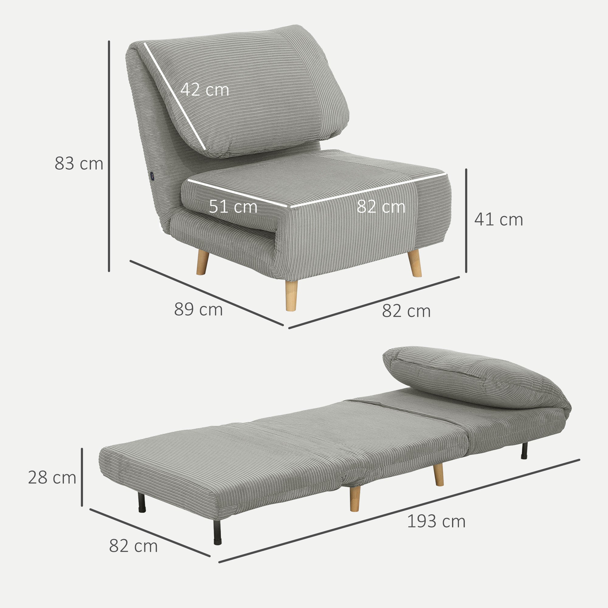 HOMCOM 2-in-1 Schlafsessel Gästebett, verstellbare  Kopfstütze Cord-Optik 82 cm x 8 cm x 83 cm Grau