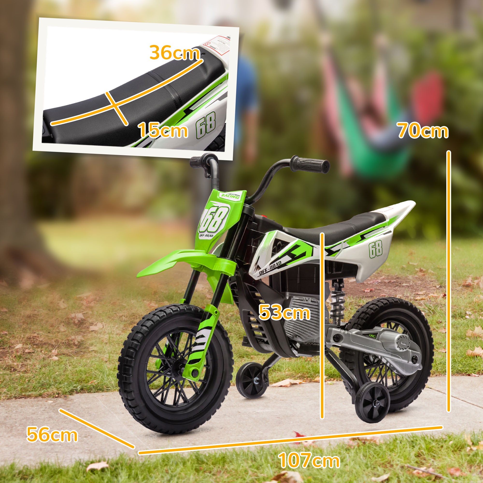 AIYAPLAY Elektro-Motorrad für Kinder, 12V Kindermotorrad mit Musik, Kinderfahrzeug mit Trainingsrädern, 3-6 Jahre, Grün