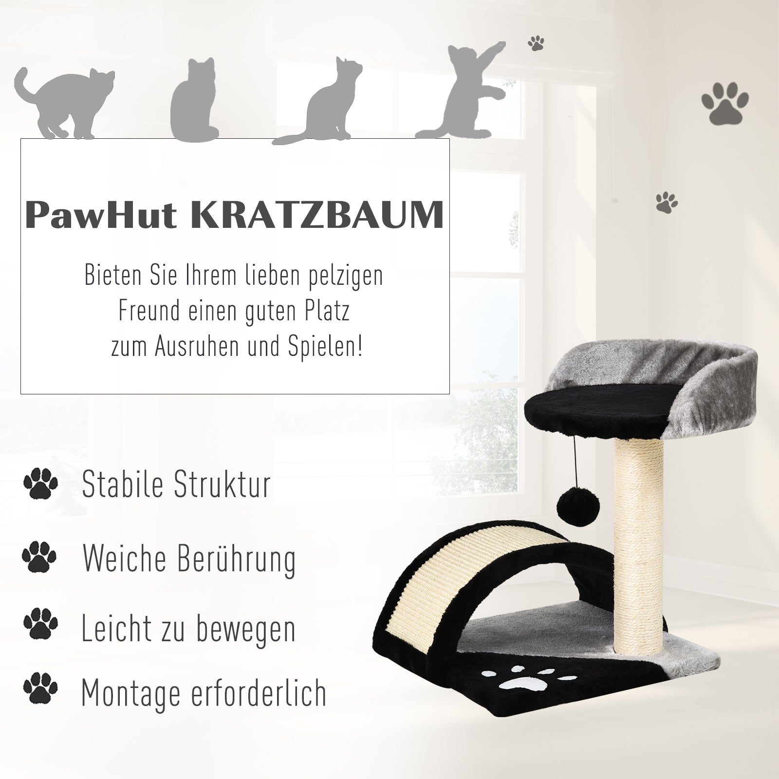 PawHut Kratzbaum Katzenbaum mit Spielbällen Katzenkratzbaum Sisalseil-Kratzstangen Schwarz 35,5 x 37 x 46 cm