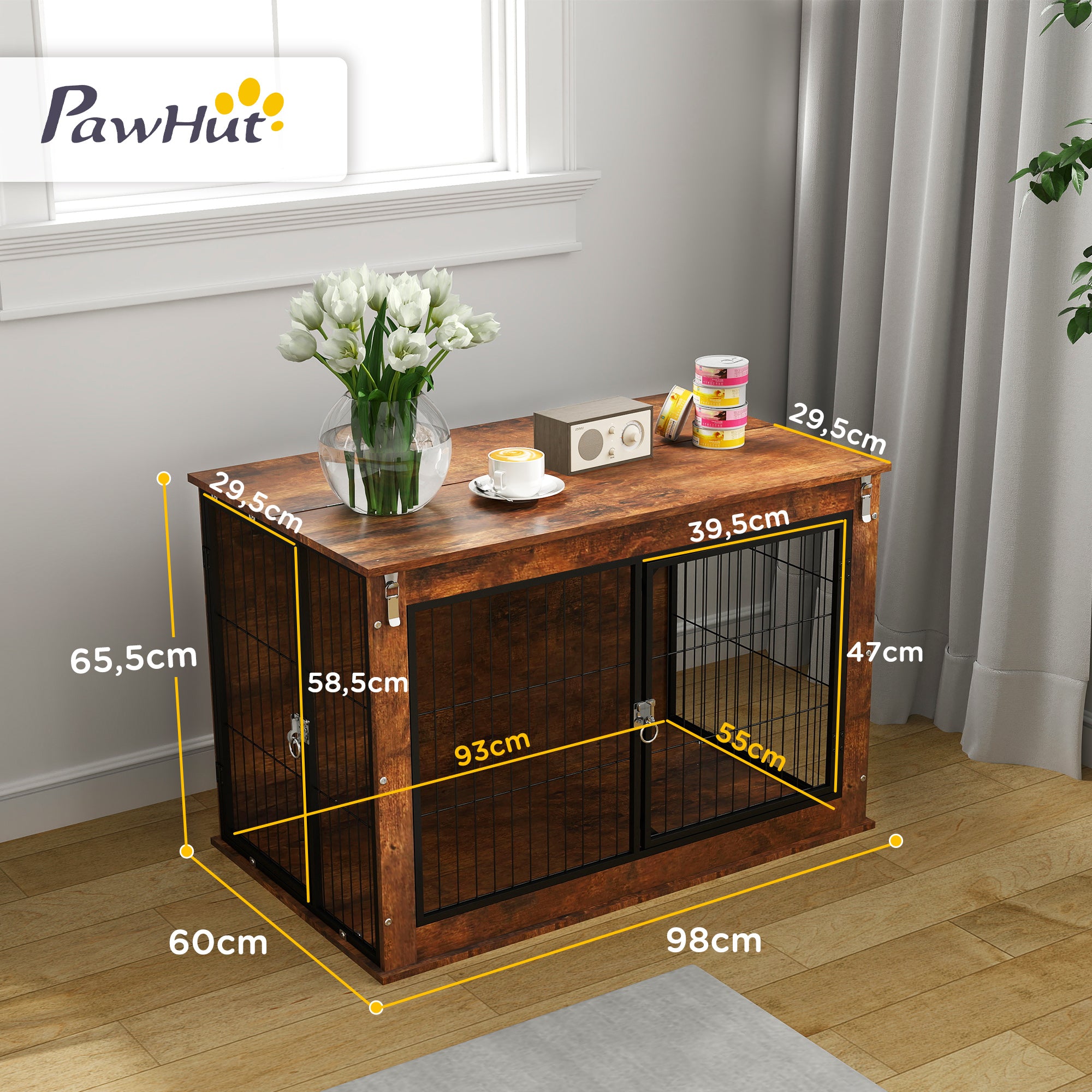 PawHut Hundebox, Transportbox für Hunde, Aufenthaltsbox, für Haustiere, 2 verschließbare Türen, 98 x 60 x 65,5 cm, Braun