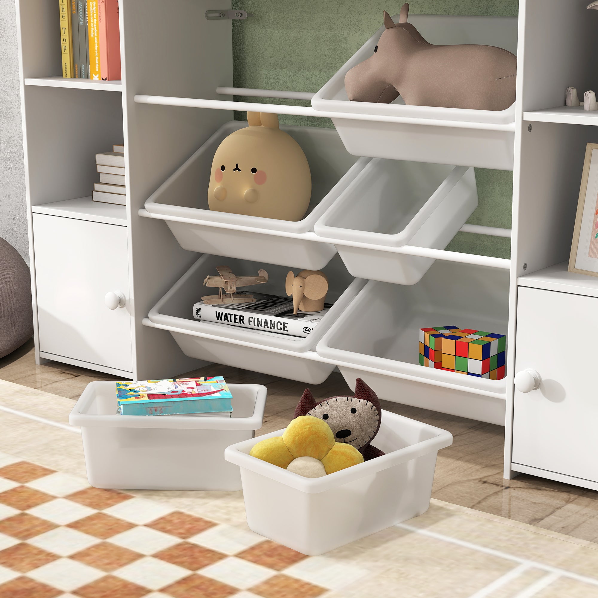AIYAPLAY Kinder-Aufbewahrungsregal, Regal für Spielzeug und Bücher, zum übersichtlichen Aufräumen, 8 herausnehmbare Boxen, Weiß