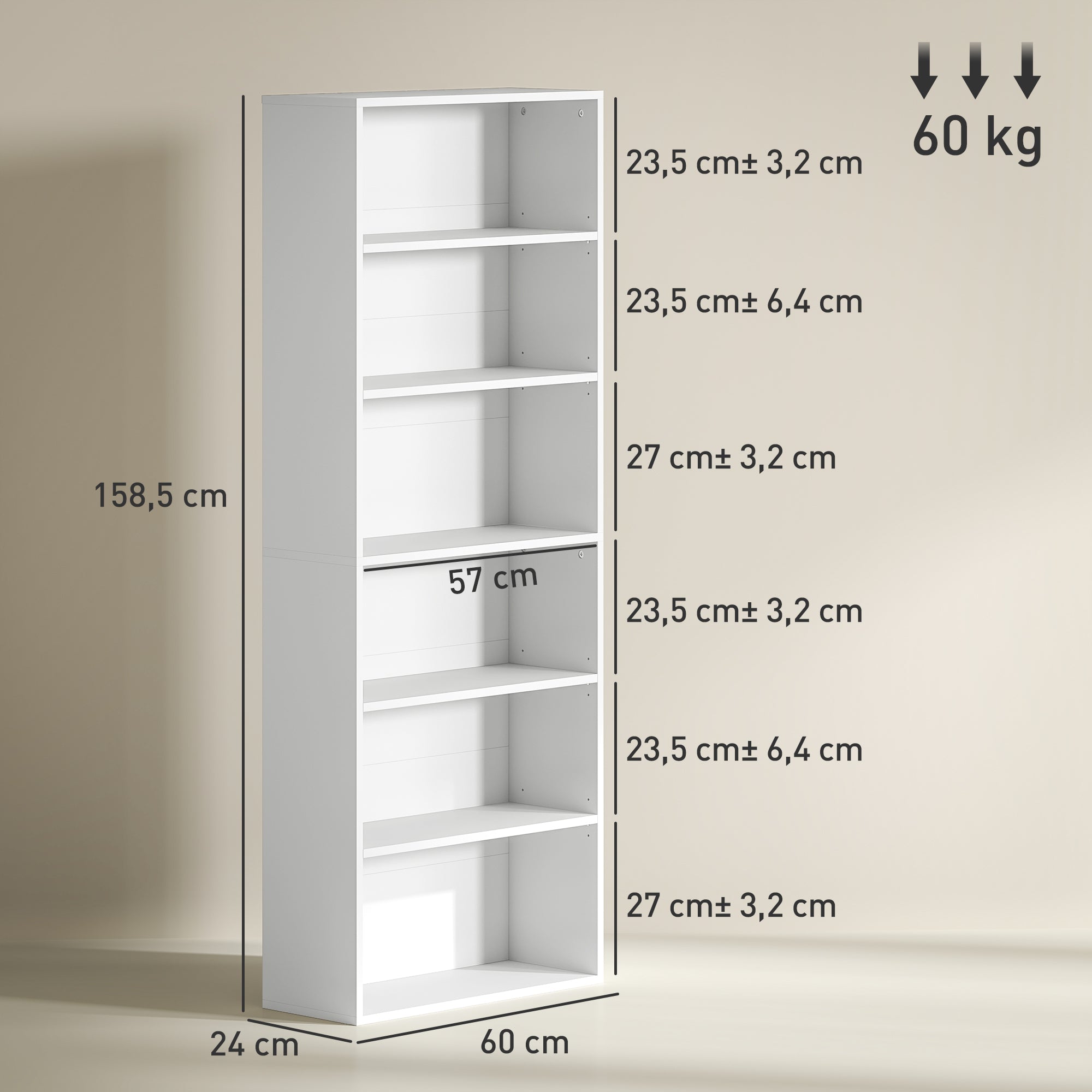 HOMCOM Bücherregal, 6 Fächer, verstellbare Regale, Spanplatte, 60 x 24 x 158,5 cm, Weiß