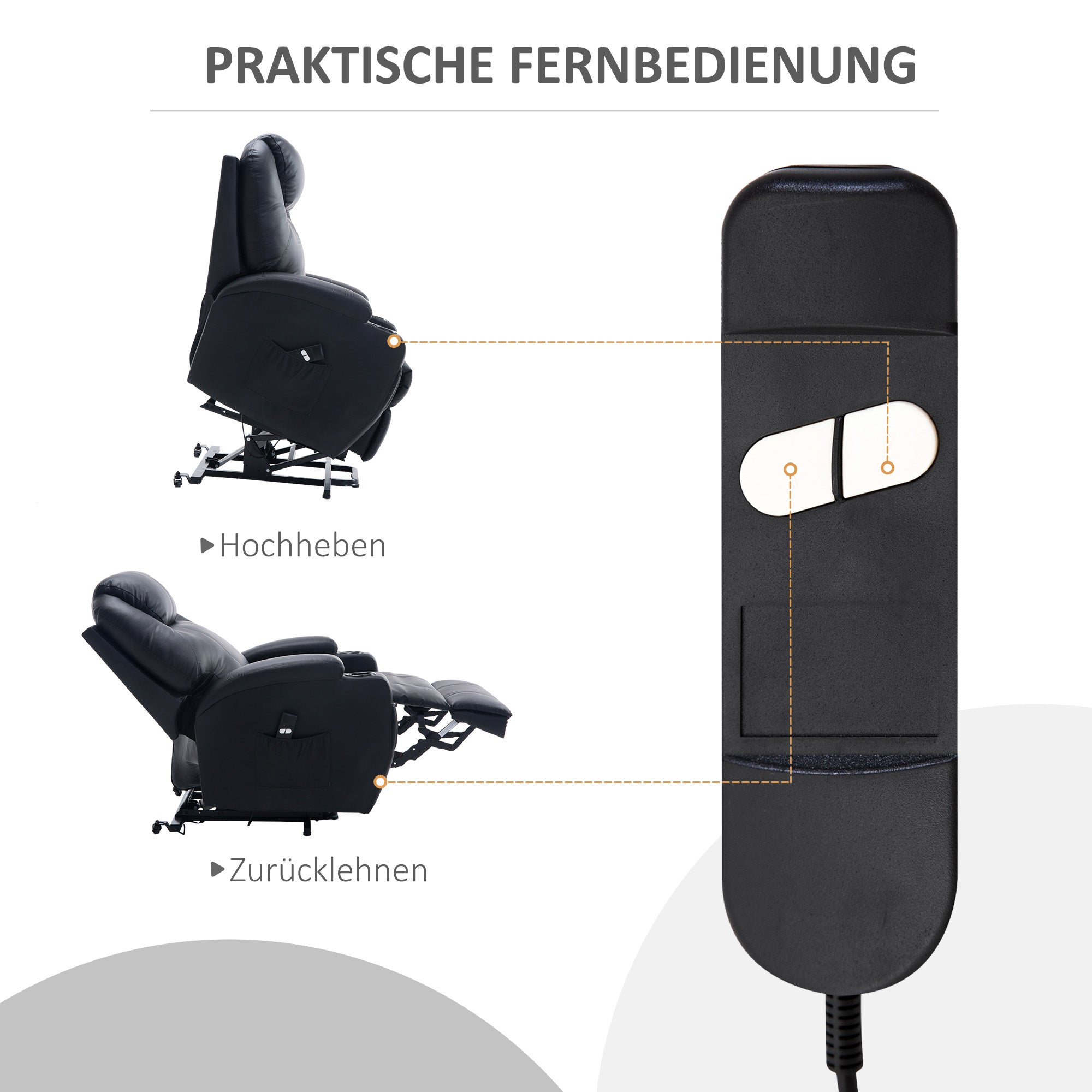 HOMCOM Fernsehsessel mit Aufstehhilfe Elektrisch Relaxsessel mit Liegefunktion, TV-Sessel mit Becherhalter, Seitentasche und Fernbedienung, Kunstleder, Schwarz