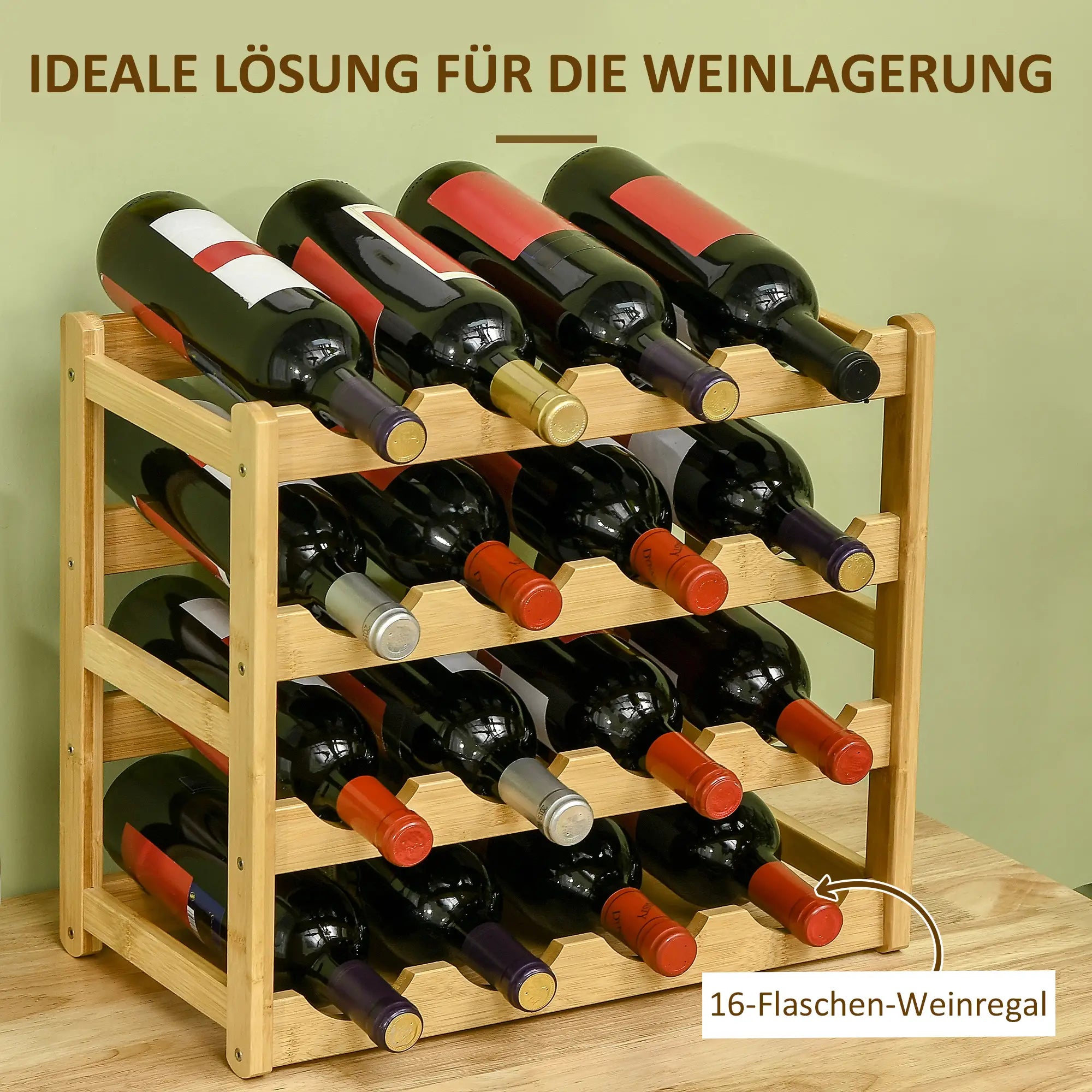 HOMCOM Weinregal aus Bambus für 16  Weinflaschen, 4 Regale, 43 cm x 23,5 cm x 38 cm Natur