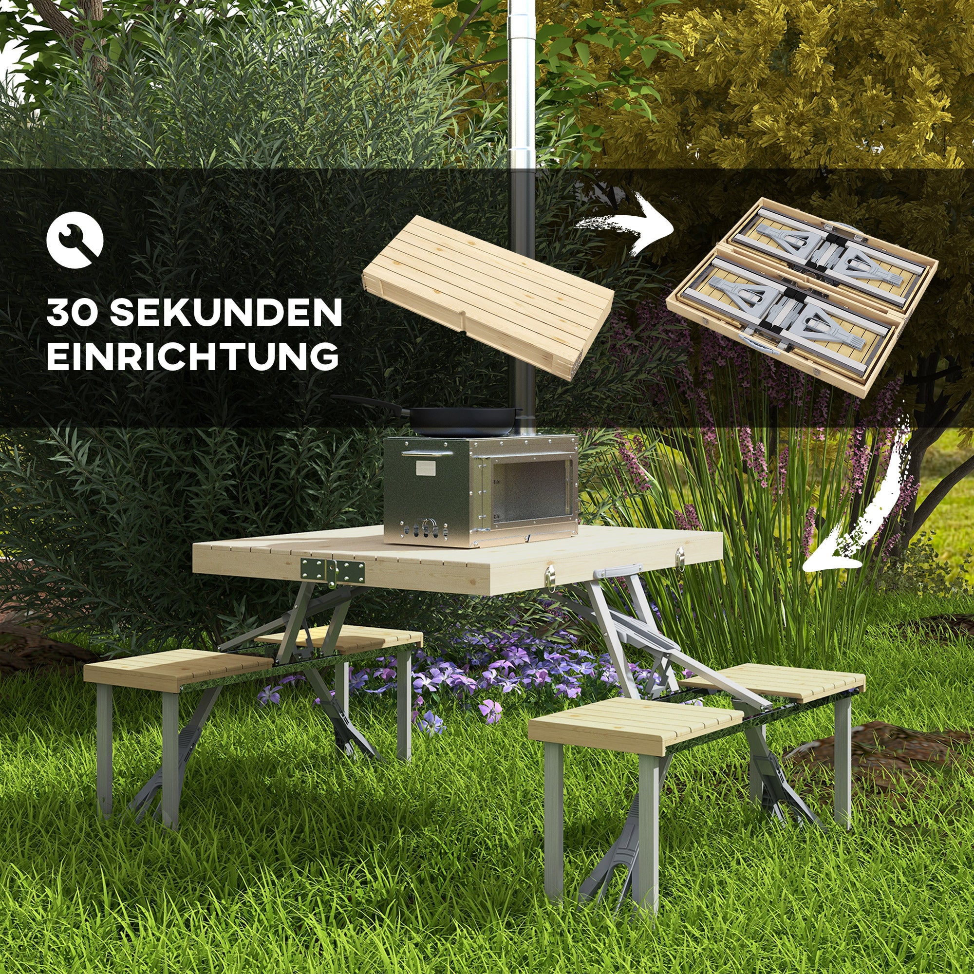 Outsunny Campingtisch, faltbar, 4 Sitzplätze, Schirmloch, Holztischplatte, Aluminiumrahmen, 85,5x72,5x67cm