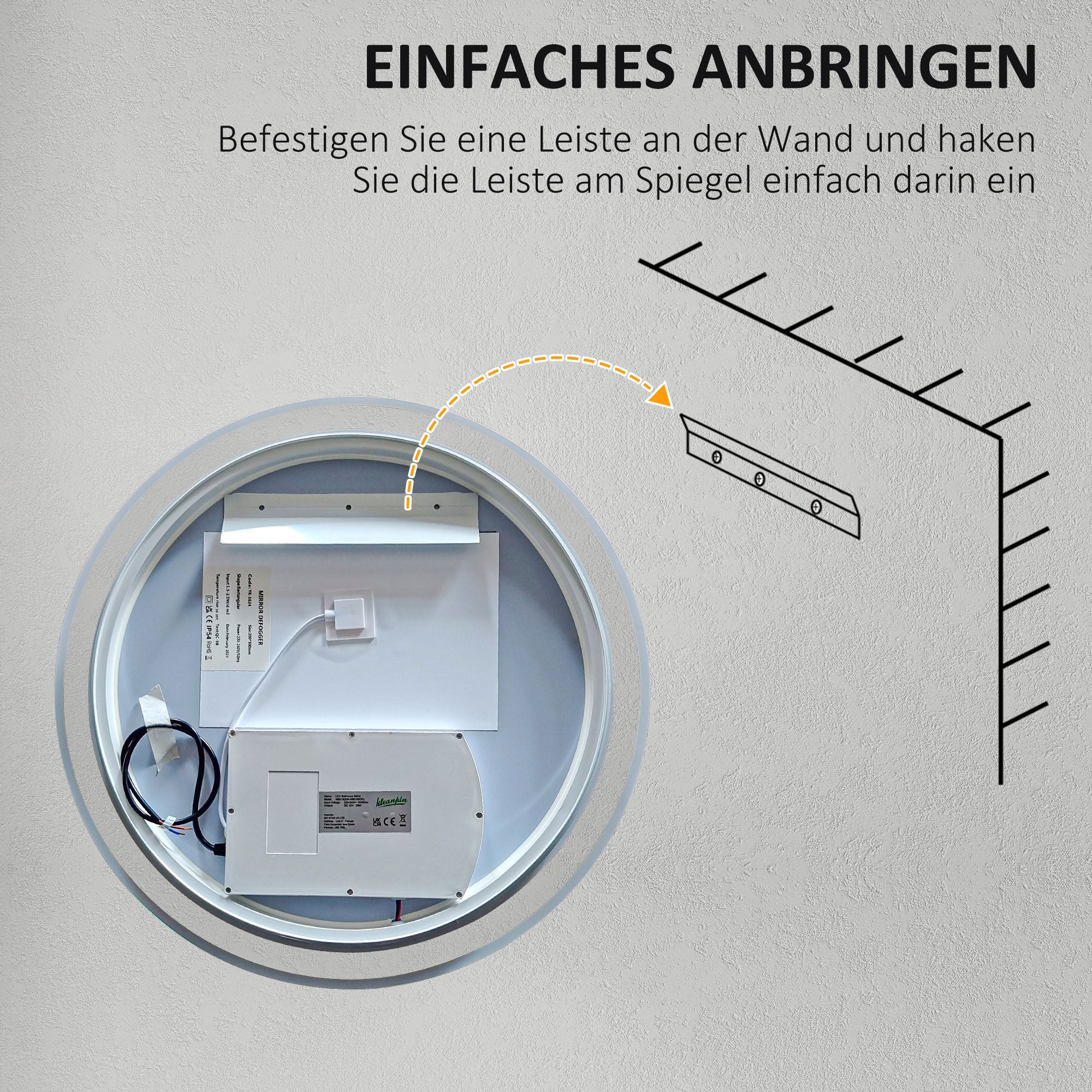 kleankin Badezimmerspiegel Badspiegel Runder Spiegel, LED- Licht, Touch-Funktion, kein Beschlagen, 60 x 60 cm