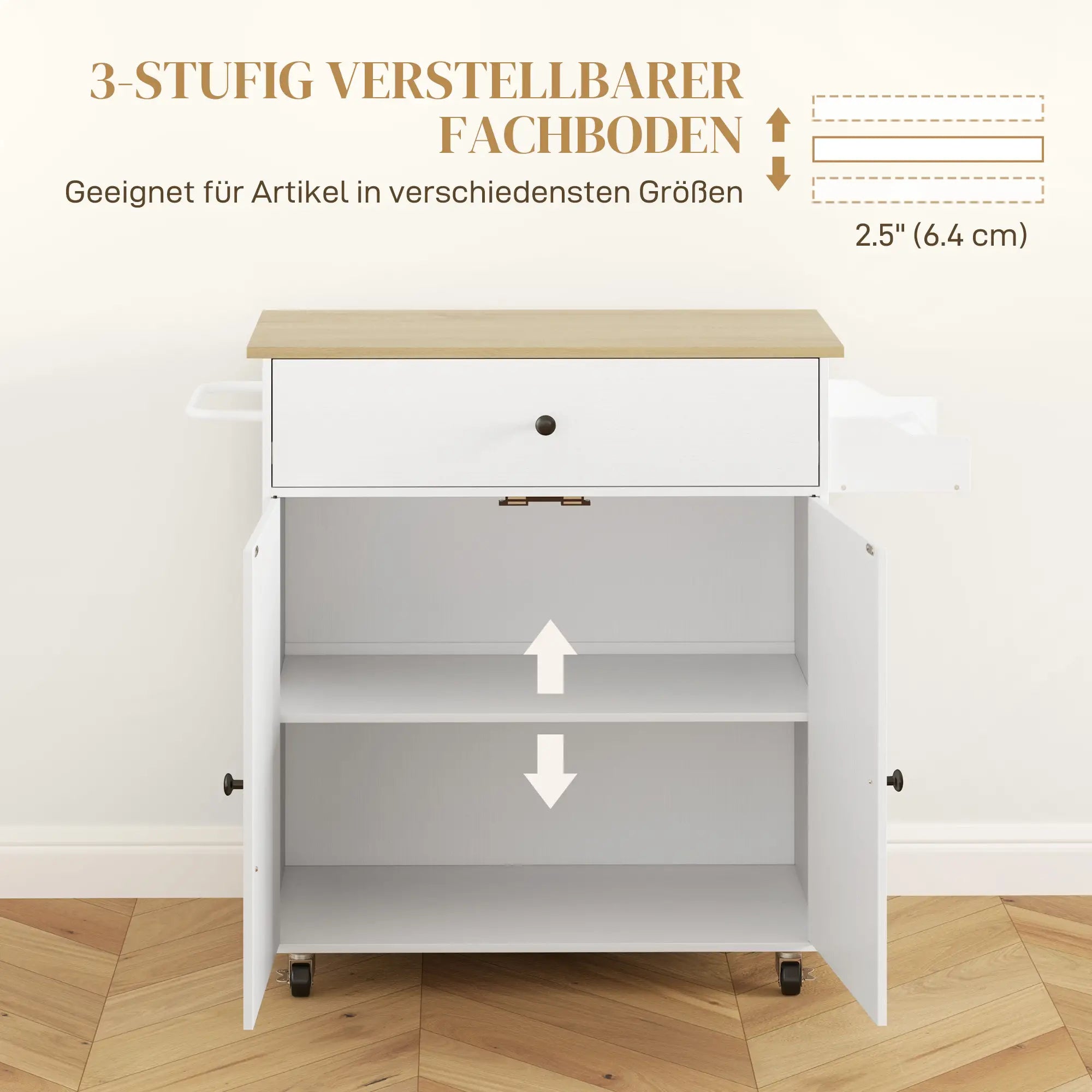 HOMCOM Küchenwagen mit Schublade, Schrankfach, Handtuchstange, 106 x 42 x 87 cm, Weiß/Eiche