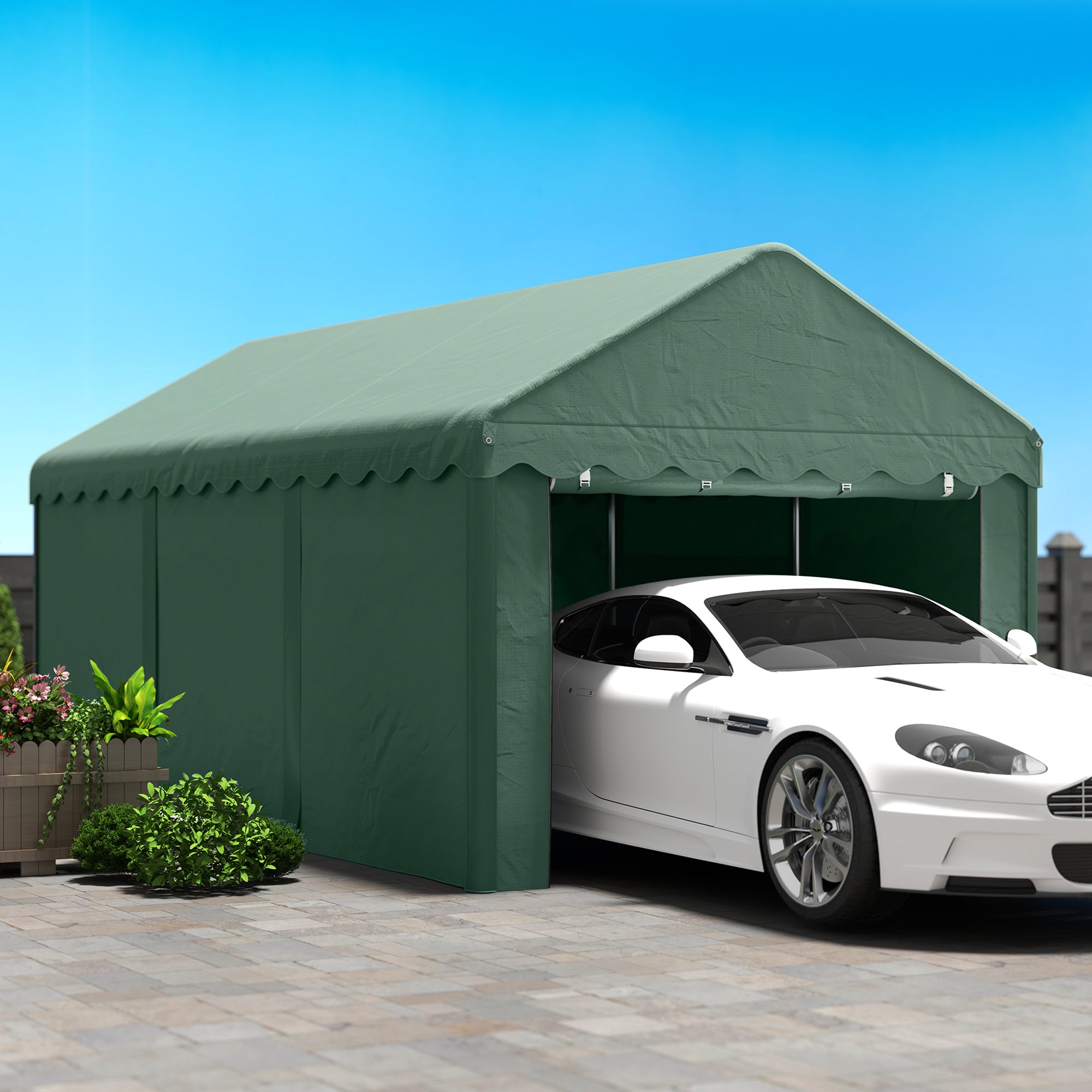 Outsunny 3x6 m Tragbarer Carport, Fahrzeugunterstand mit 2 Eingängen, Polyesterdach, für Autos, Boote, Gartengeräte, Dunkelgrün