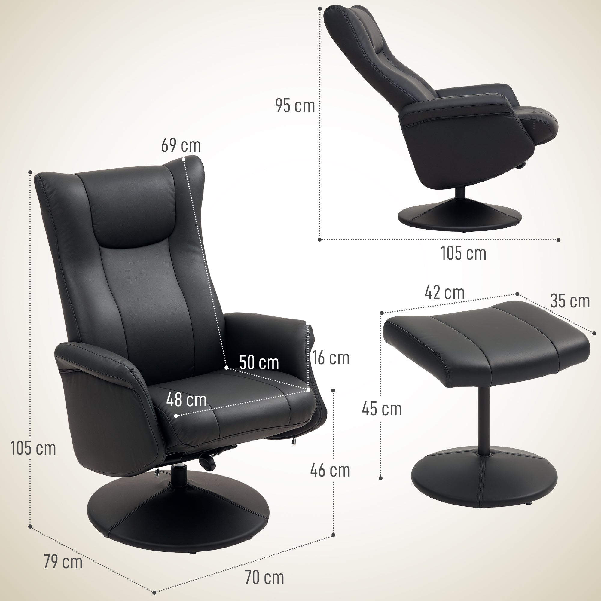 HOMCOM Chefsessel mit Hocker, Lederoptik, drehbar, verstellbare Lehne, bis 150 kg, Schwarz