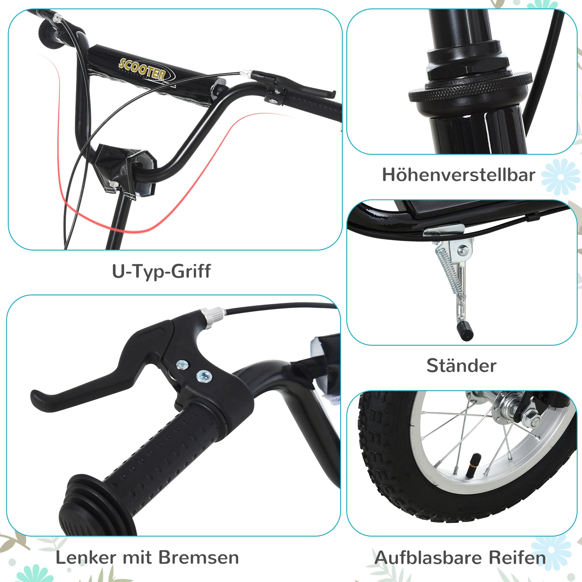 HOMCOM Kinderroller ab 5 Jahre Scooter Kinderscooter Tretroller Cityroller Kinder Roller Kickboard mit Luftreifen 12 Zoll Gummi Aluminium Schwarz 120 x 58 x 85-95 cm