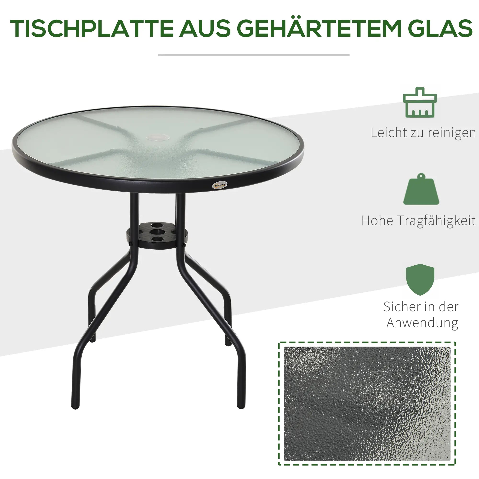 Outsunny Gartentisch Balkontisch mit Schirmhalterung Hartglas