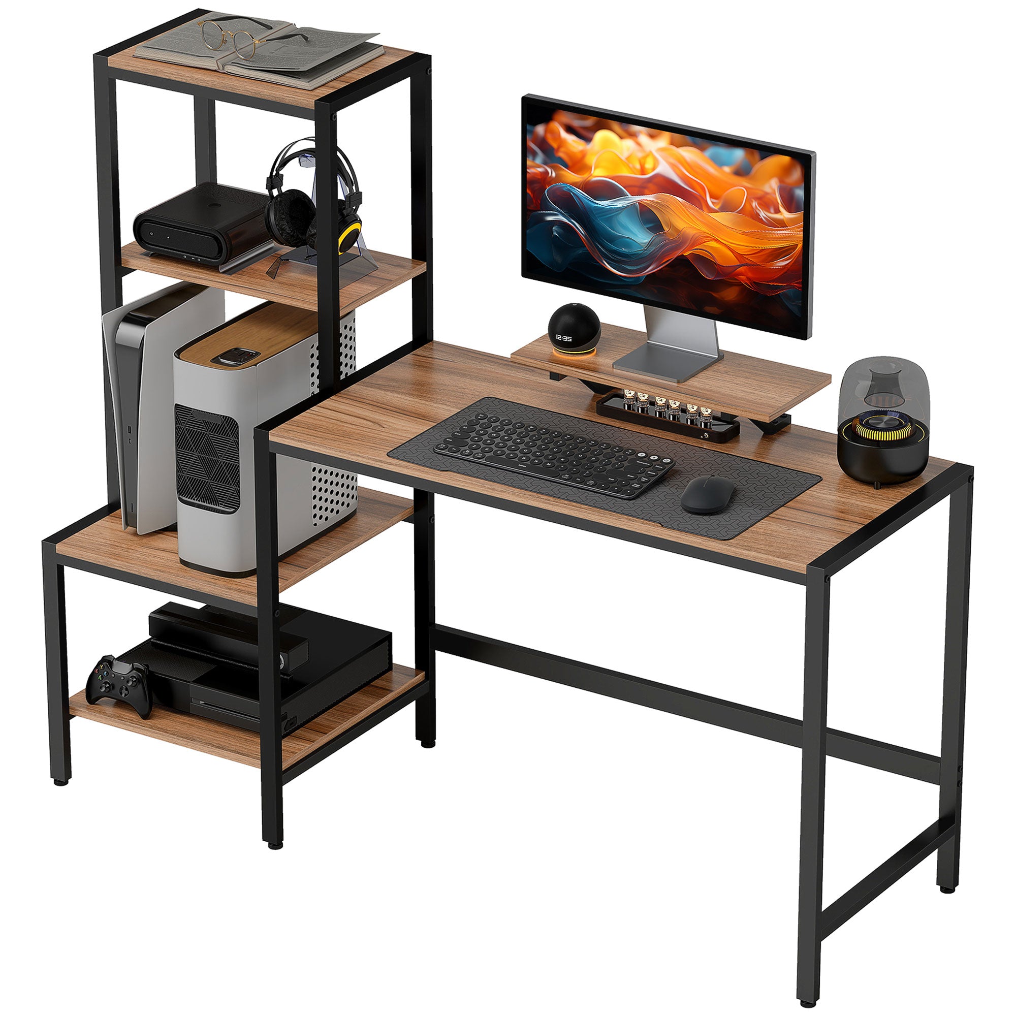 HOMCOM Computertisch mit Monitorständer, Schreibtisch mit 4-stufigem Regal, Industrielles Design, Braun
