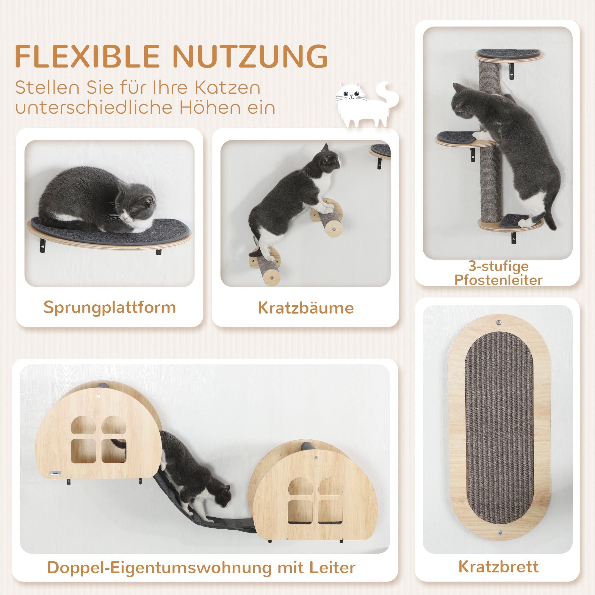 PawHut Kletterwand Katzen 7-teilig Katzen Kletterwand Set mit Sisalpfostenleiter, Plattform Kratzbaum Grau