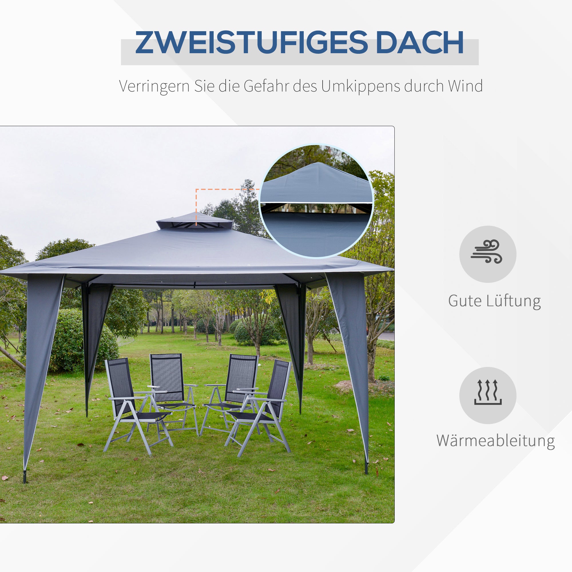 Outsunny Pavillon Partyzelt mit Doppeldach 3,45x3,45x2,68m Festzelt Gartenlaube Metall Polyester Grau