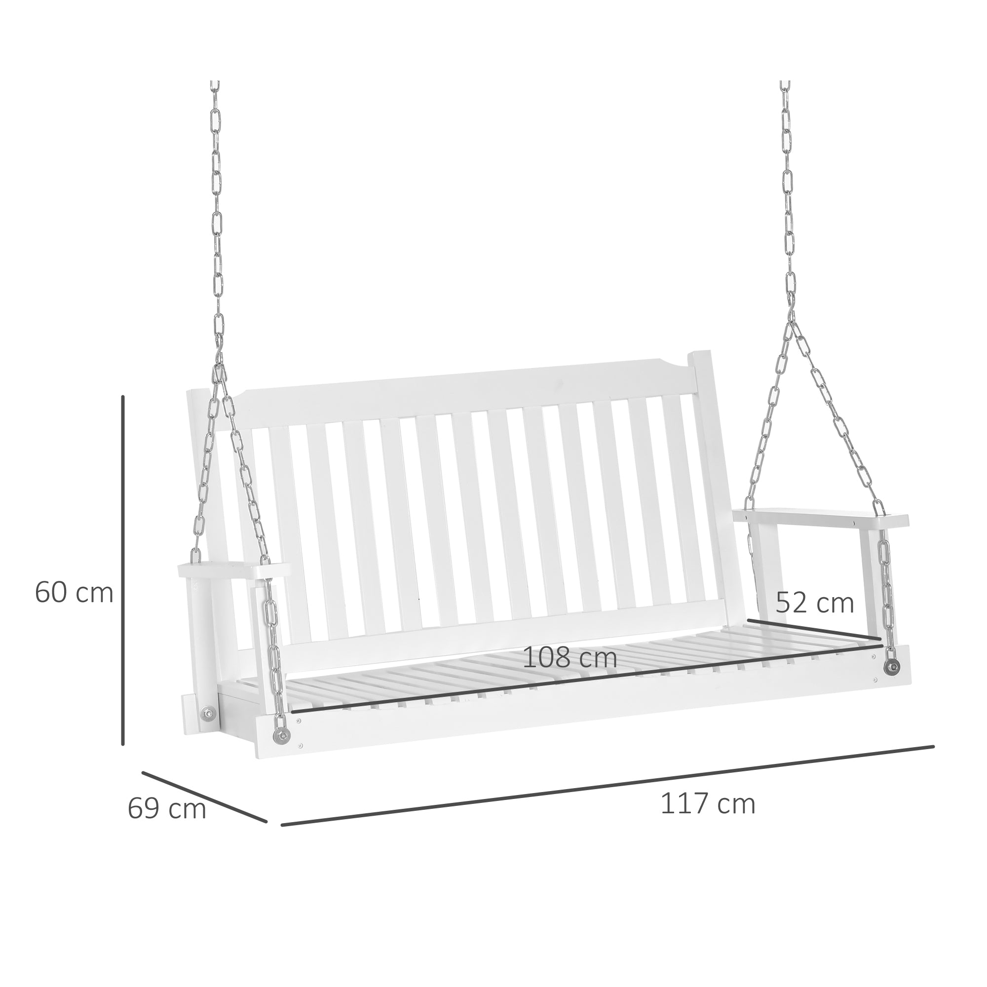 Outsunny Gartenschaukel für 2 Personen Schaukelbank Hängebank Massivholz Patio Terrasse Hinterhof Weiß 117 x 69 x 60 cm