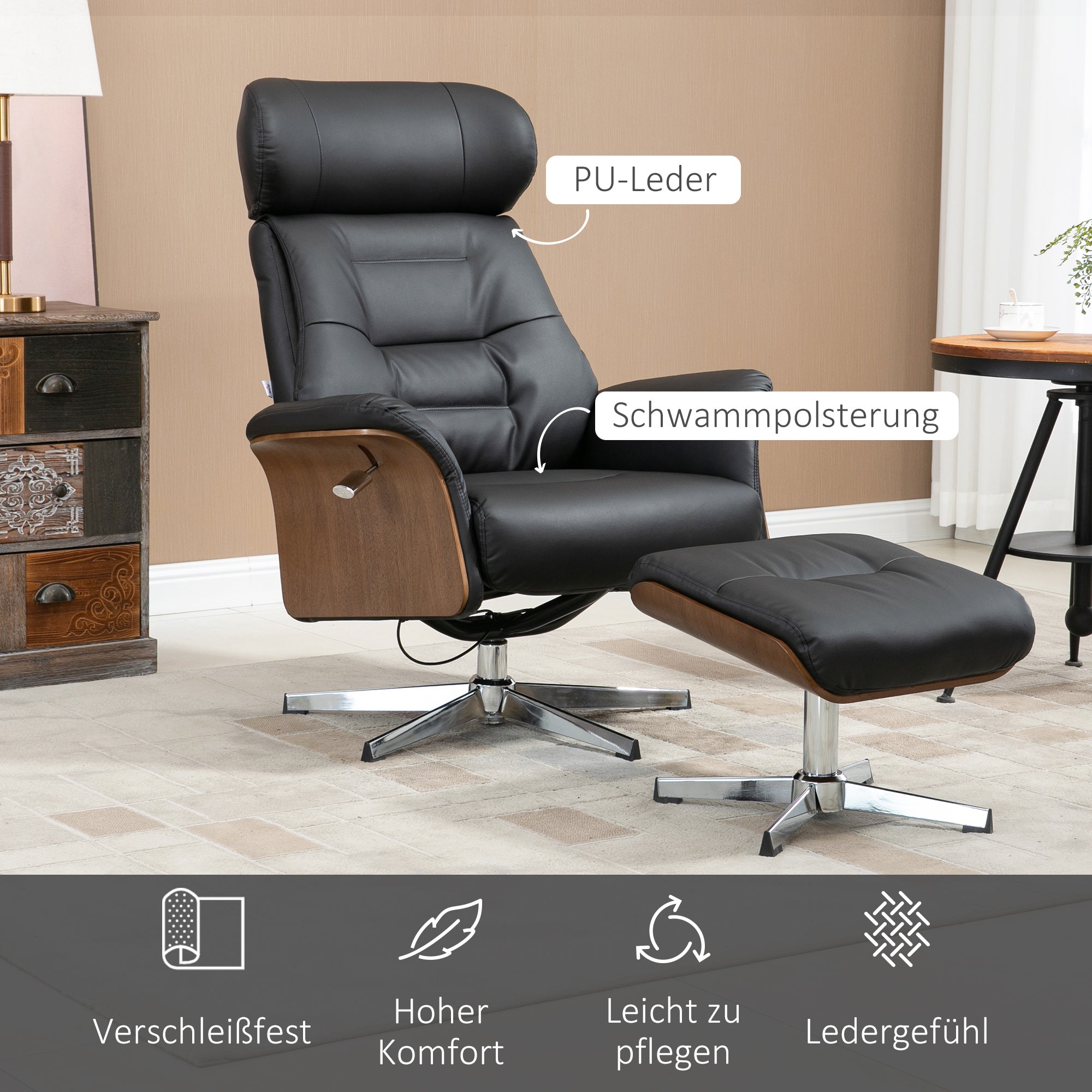HOMCOM Relaxsessel mit Fußhocker, um 360° drehbar, Liegefunktion, Lesesessel, schwarz, 80 x 84 x 108 cm