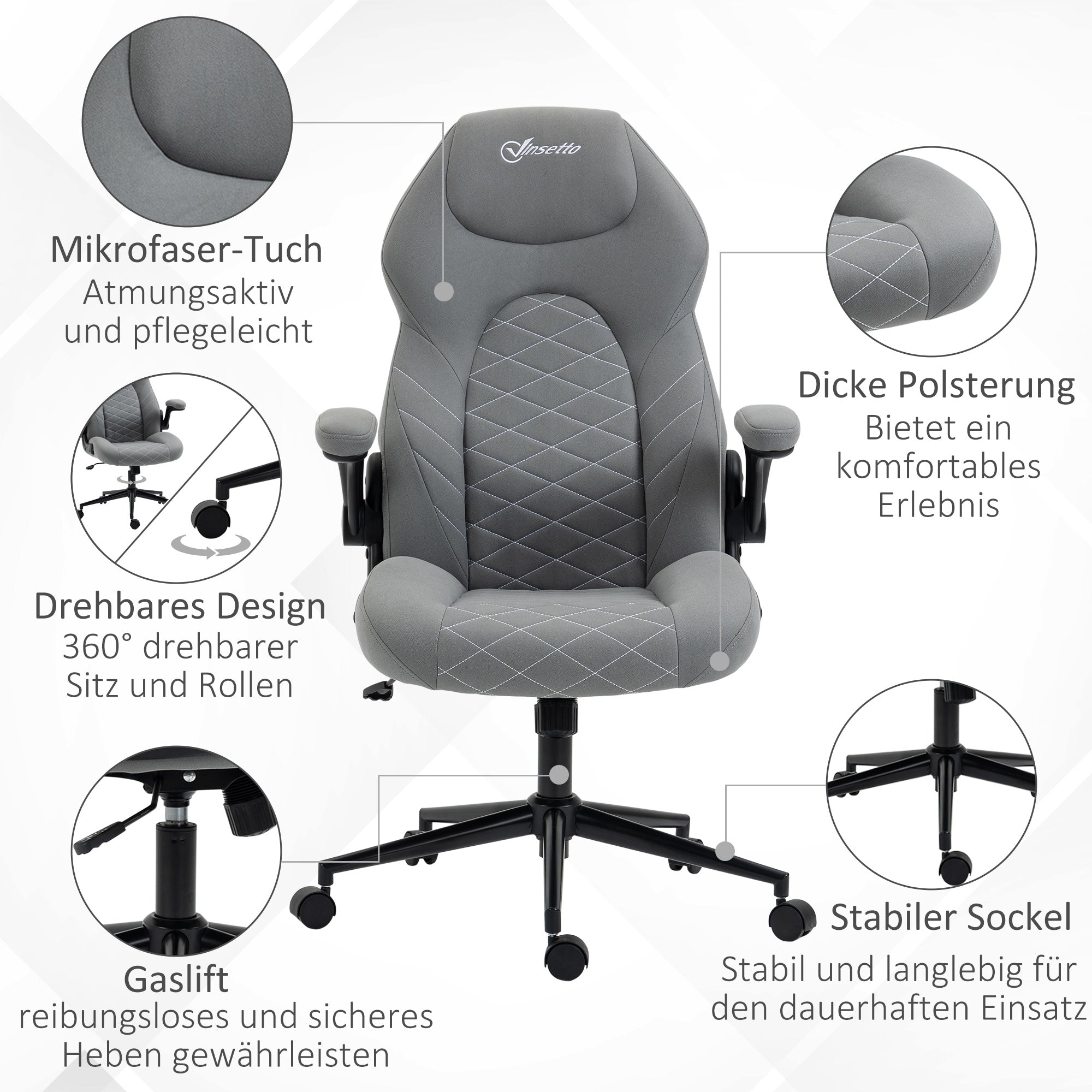 Vinsetto Bürostuhl mit Rückenlehne, höhenverstellbar, klappbare Armlehnen, Wippfunktion, Hellgrau