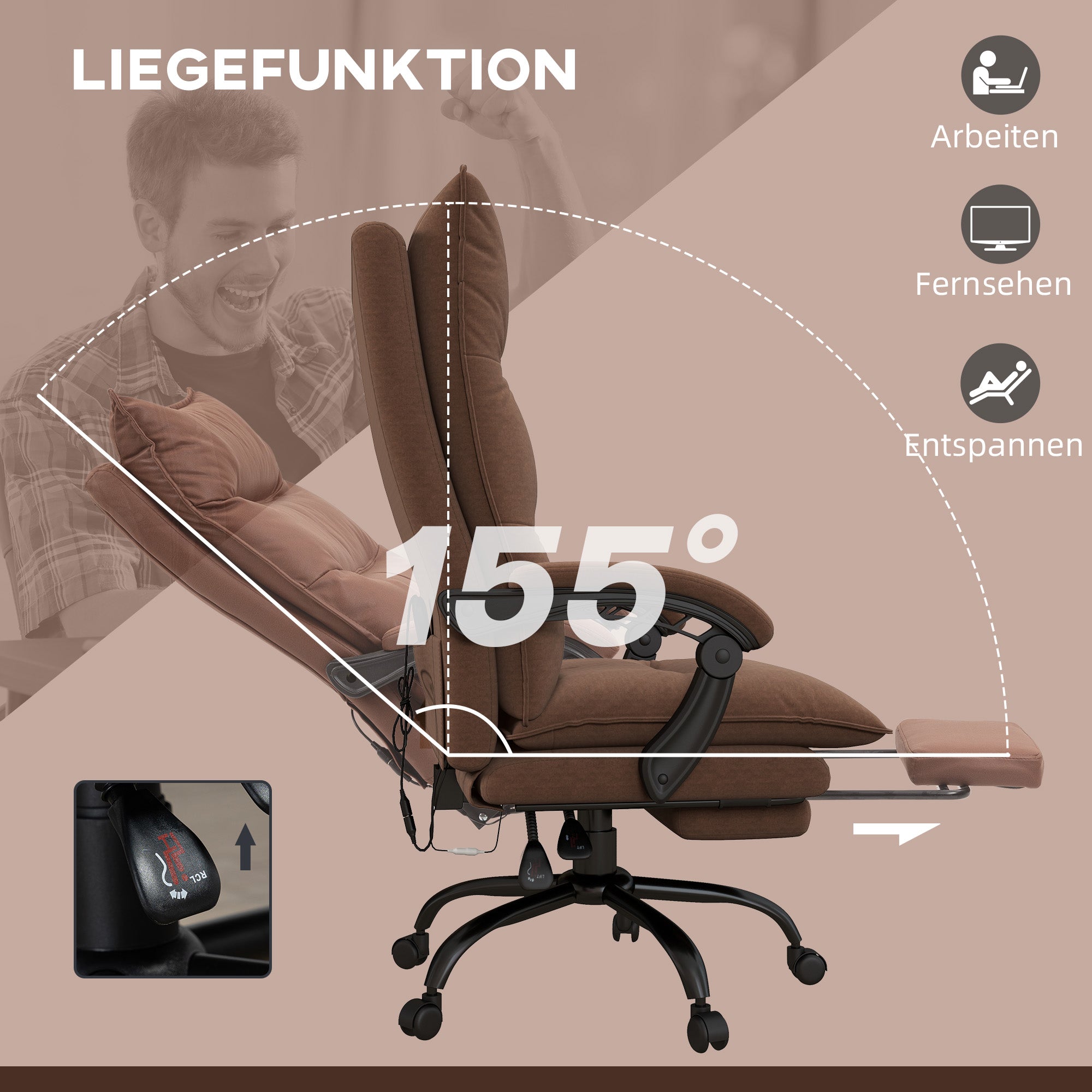 Vinsetto Bürostuhl mit Massage- und Heizfunktion, Fußstütze, verstellbar, bis 120 kg, Braun