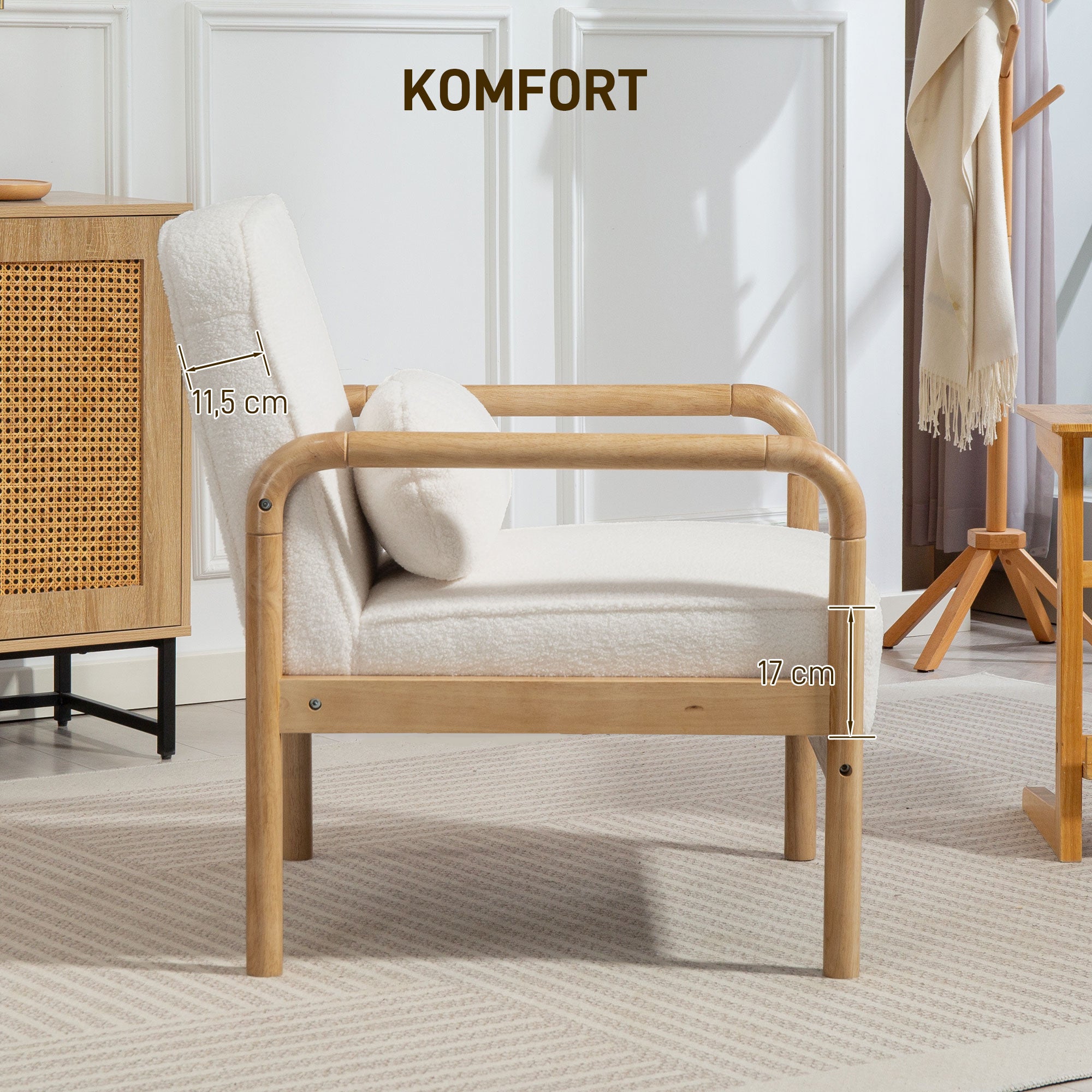 HOMCOM Akzentstuhl, Polsterstuhl mit Stoffbezug, Kautschukholzrahmen, Moderner Stuhl mit Kissen, Weiß
