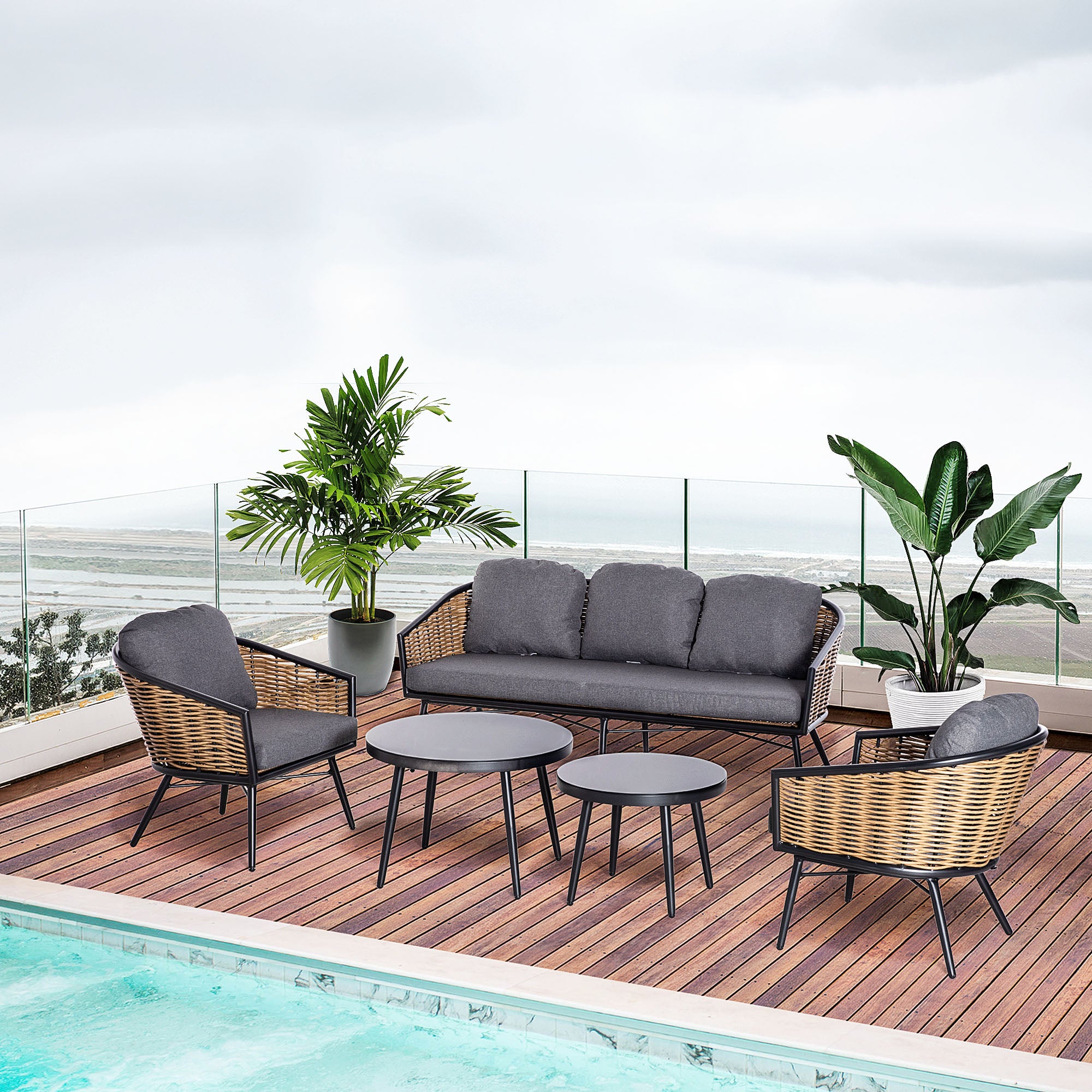 Outsunny Polyrattan Gartenmöbelset 5-tlg. Outdoor Sofa mit 2 Tischen Aluminium