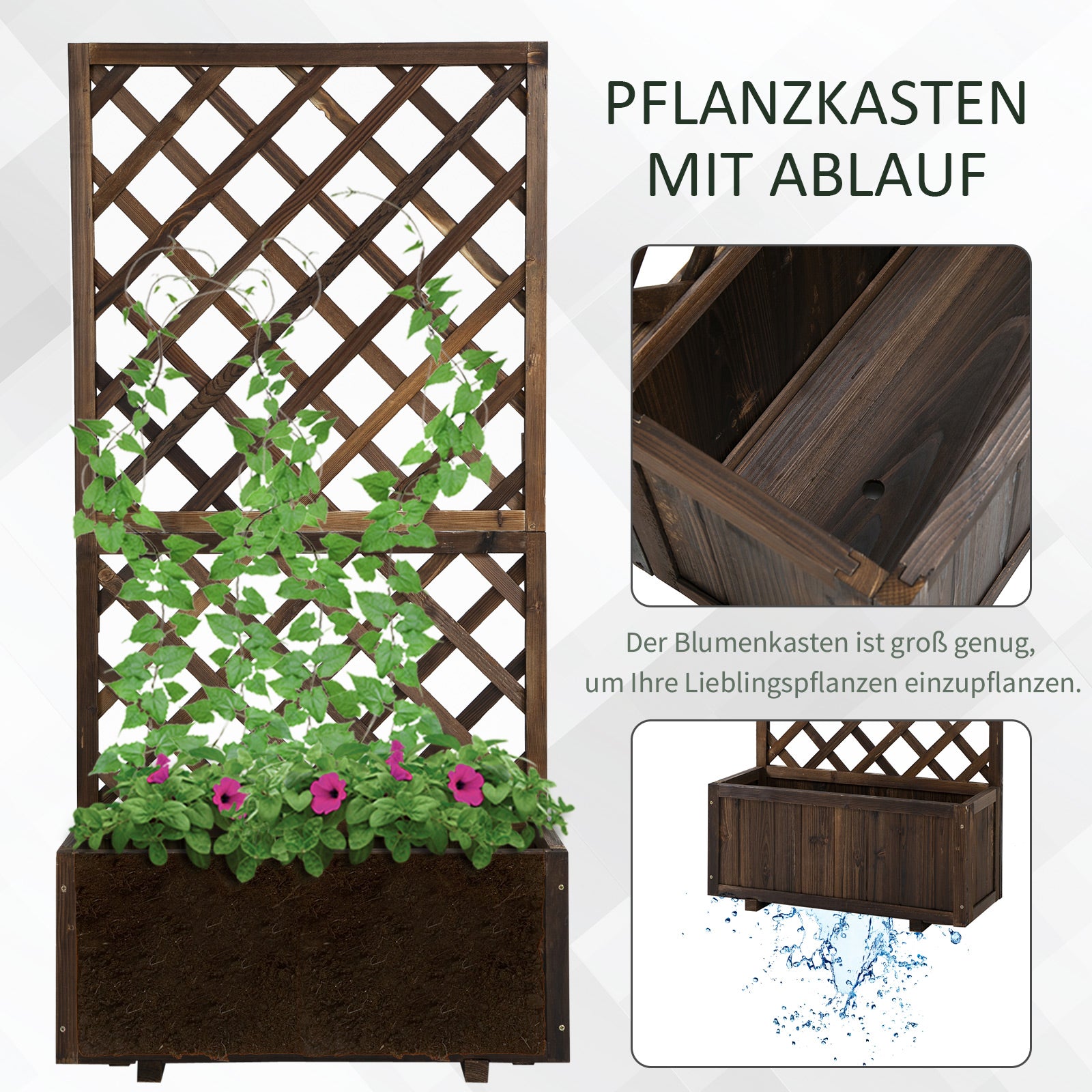 Outsunny Hochbeet Pflanzenkasten mit Rankgitter, Spalier Pflanzkübel, Blumenkasten Holz, 72,5x31,5x149,5cm für Garten Balkon Terasse, Blumenkübel für Kletterpflanzen, Blumen, Braun