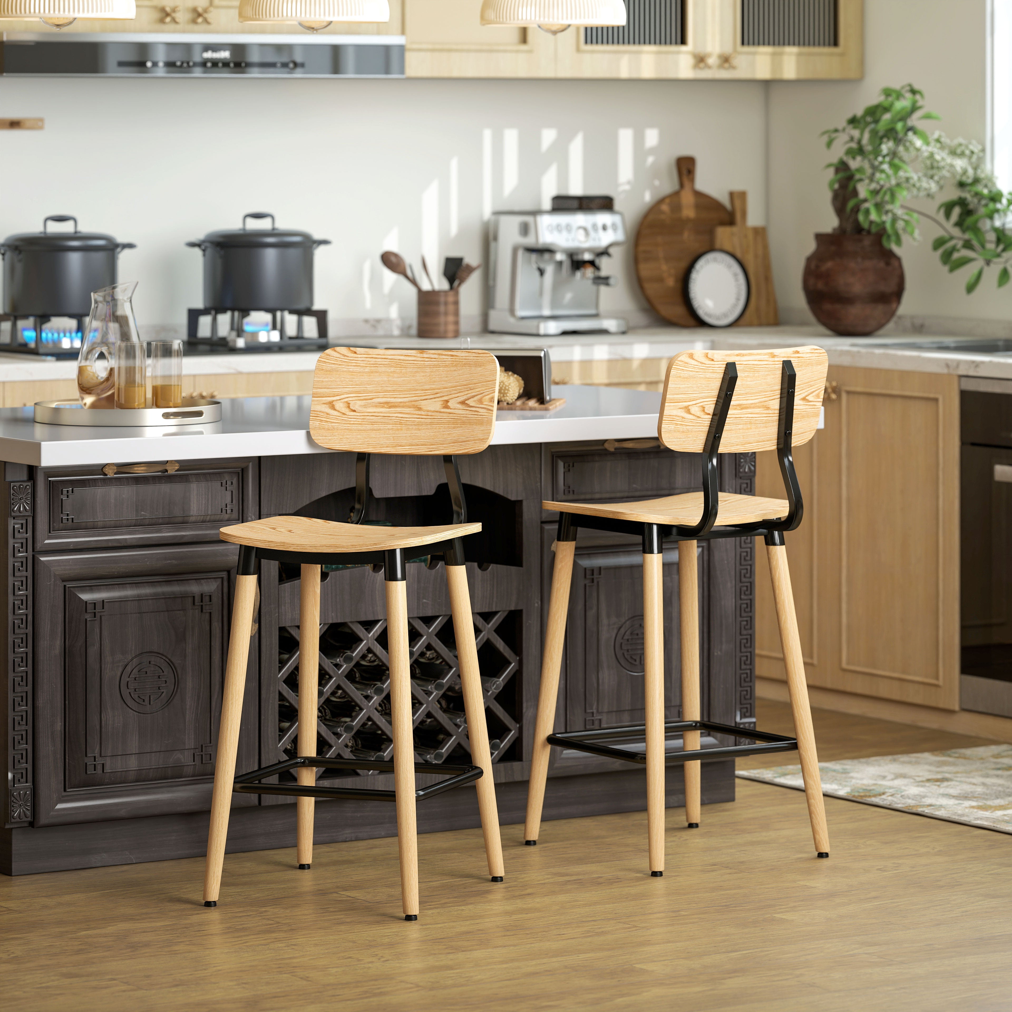 HOMCOM 2er-Set Barhocker mit Rückenlehne, Barstühle für Hausbar, Kücheninsel, Esszimmer, Holz, Metall, Hellbraun