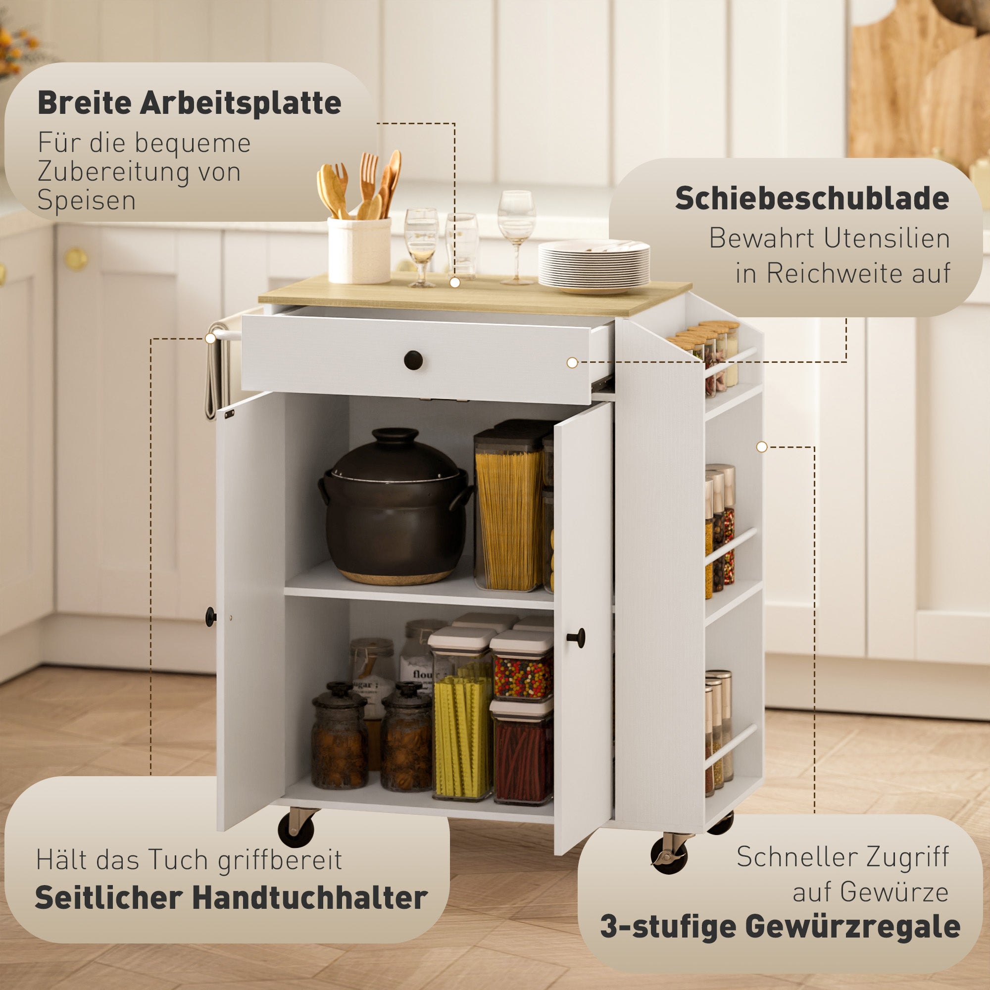 HOMCOM Küchenwagen mit Schublade, Schrankfach, Gewürzregal, Handtuchstange,  82 x 38 x 86,5 cm, Weiß/Eiche