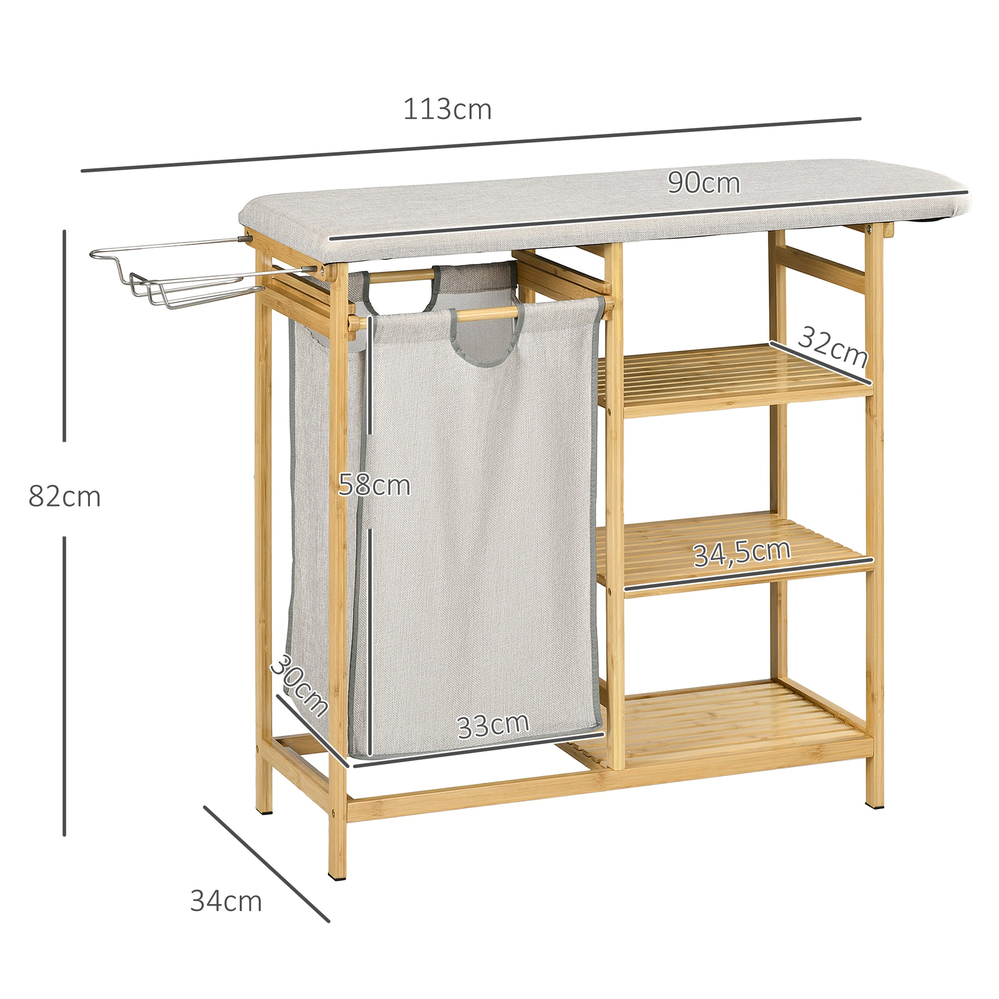 HOMCOM Wäschesammler, multifunktional, Bügelbrett & Stoffsack 57L, Bambusgestell, 113x34x82cm, Natur/Grau