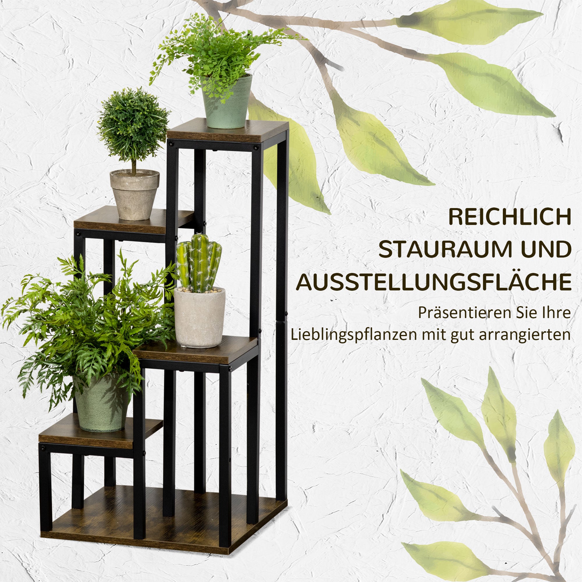 Outsunny Blumenständer mit 4 Ebenen, 40 cm x 40 cm x 81 cm, Braun