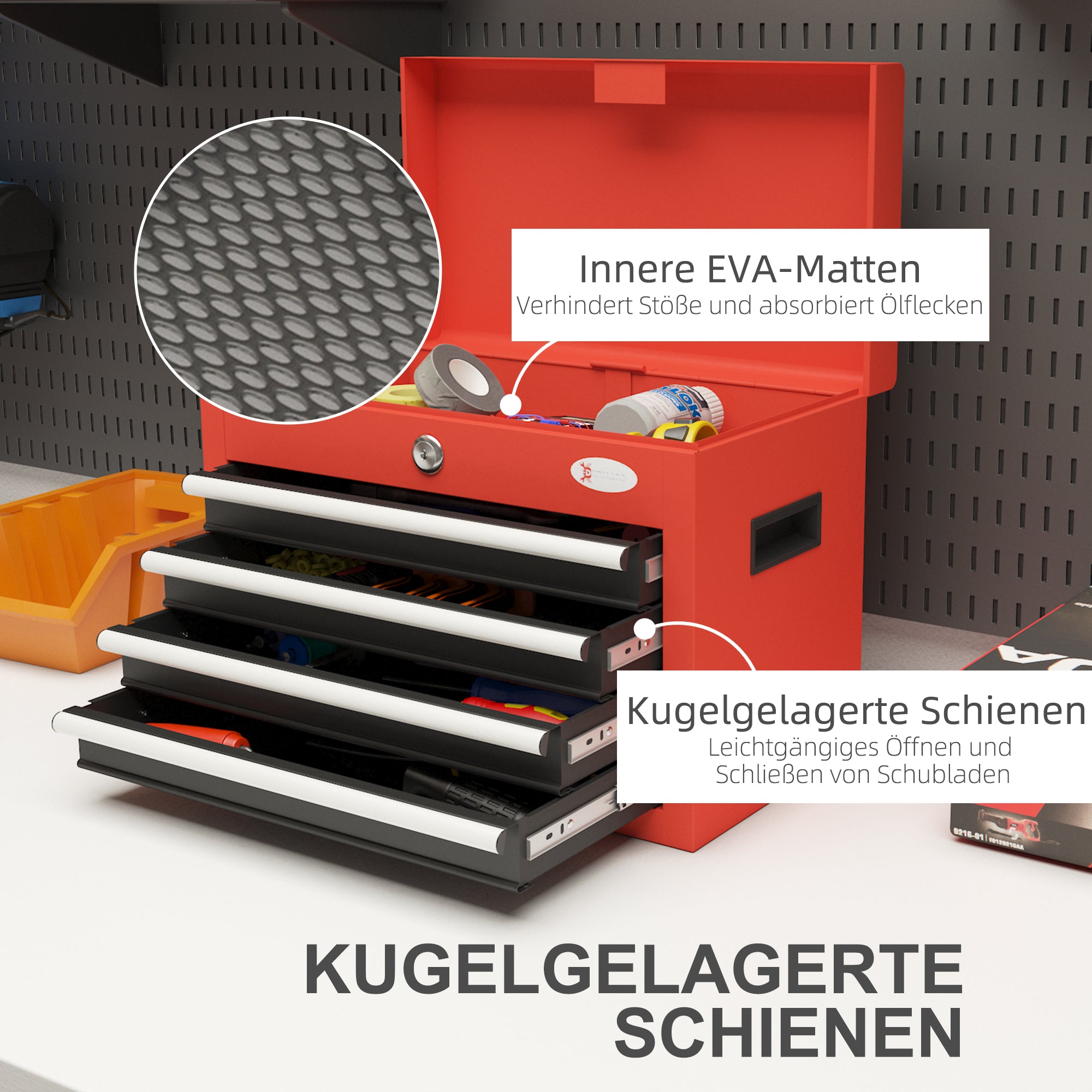 DURHAND Werkzeugkasten Werkzeugtrolley, inkl. Schloss, 2 Schlüssel, 45 cm x 24,5 cm x 32,5 cm, Rot