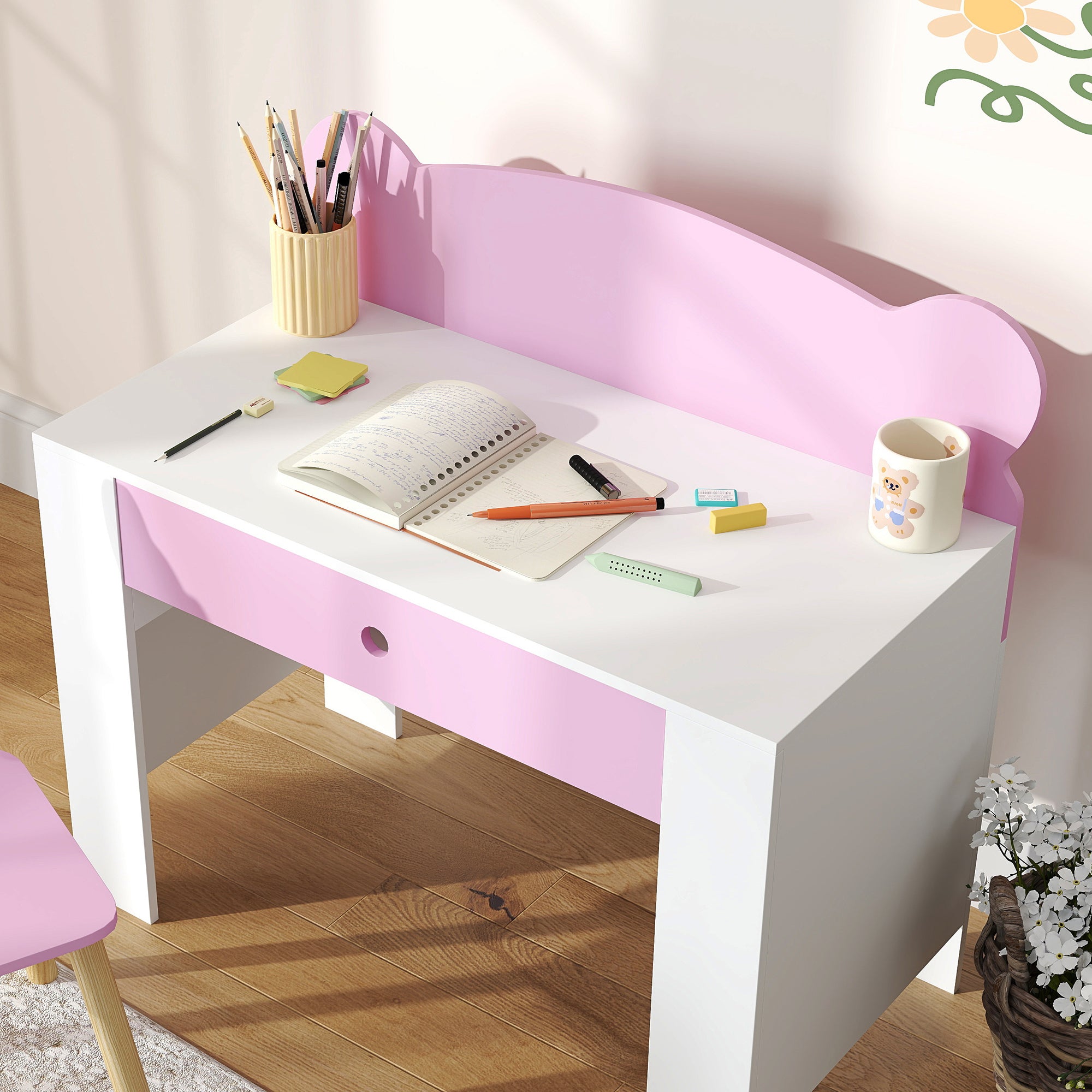 AIYAPLAY Schreibtisch-Set für Kinder, Arbeitstisch und Stuhl mit Bärenform, Schublade, zum Schreiben und Basteln, 3-8 Jahre, Rosa