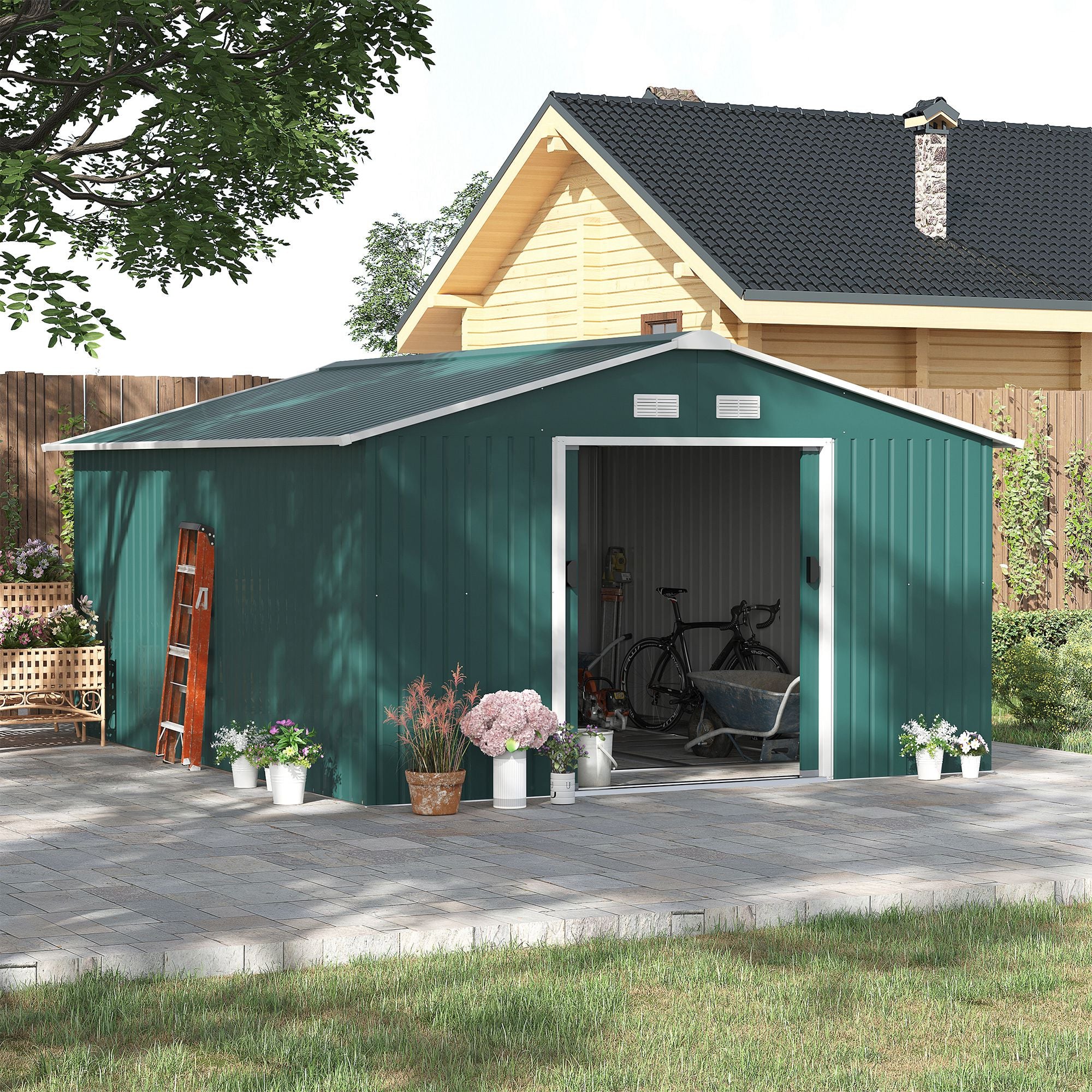 Outsunny Gerätehaus 12,4 m² Stahl Gartenhaus mit Schiebetür
