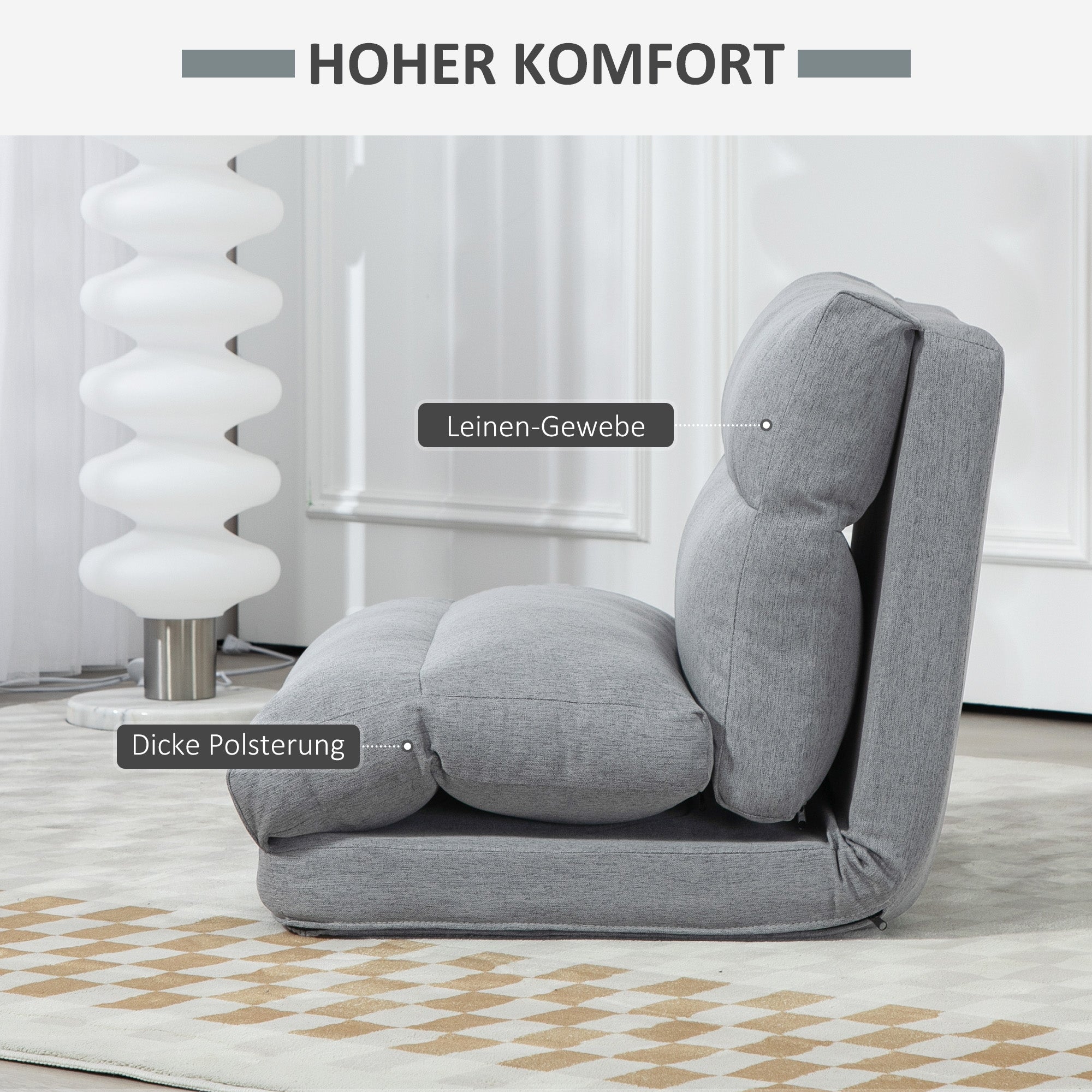 HOMCOM Sitzsack mit Bettfunktion, neigbare Lehne, klappbar, bis 120kg, 70 x 72 x 56 cm, Grau