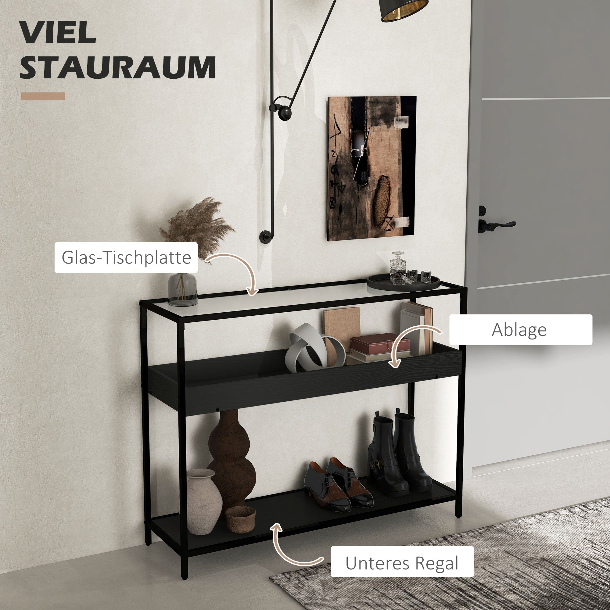 HOMCOM Konsolentisch mit 2 Regalen, Flurtisch, Flurkonsole, Schwarz
