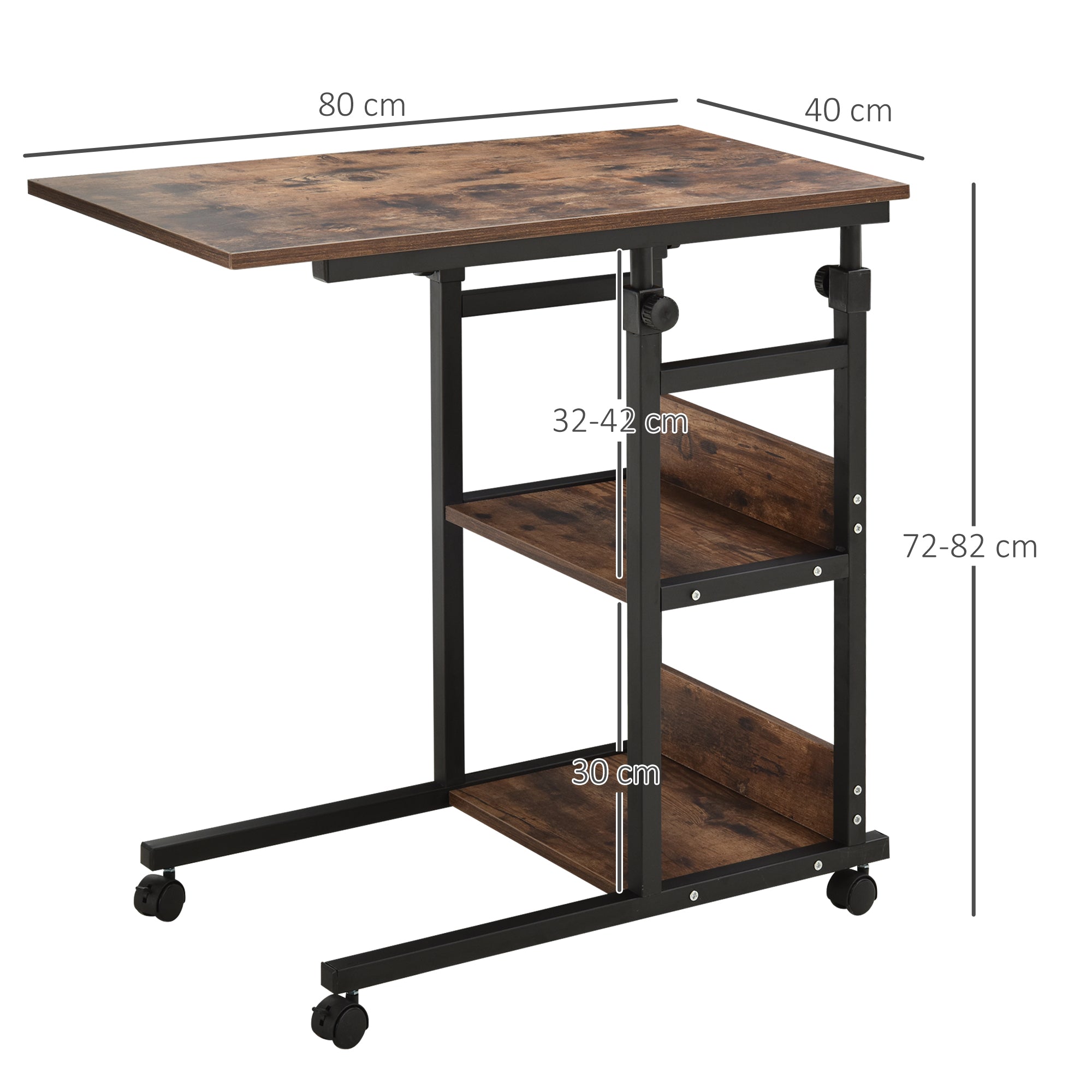 HOMCOM Beistelltisch mit Rollen, höhenverstellbar, kompakt, 2 Ablageböden, Metallrahmen, 80x40x72-82 cm, Braun/Schwarz