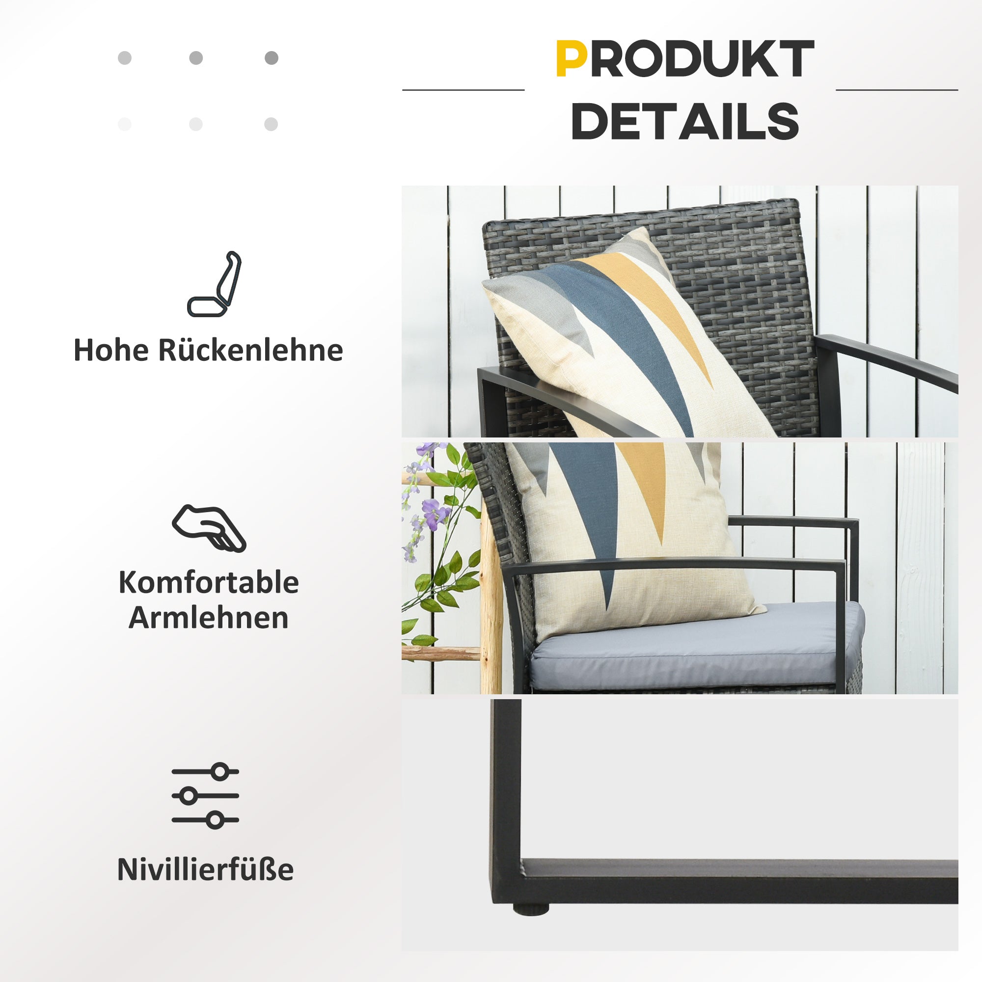 Outsunny Rattan Gartenmöbel Set für 2 Personen Polyrattan Gartenmöbel Set  Balkonmöbel Set mit Kissen Garten Grau