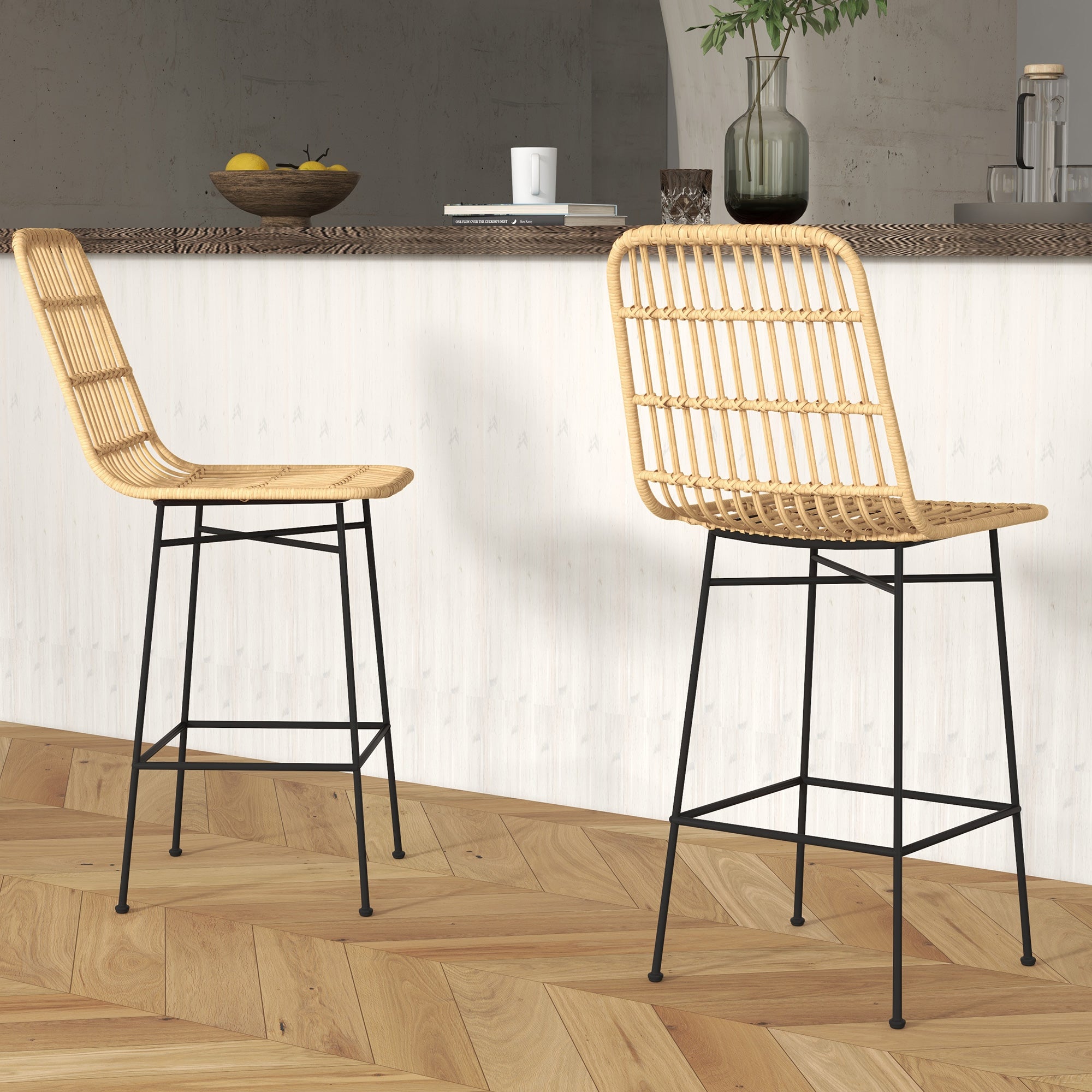 HOMCOM Barhocker Barstuhl, Boho-Stil, PE-Rattan, 45 x 53,5  x 105 cm, Natur + Schwarz