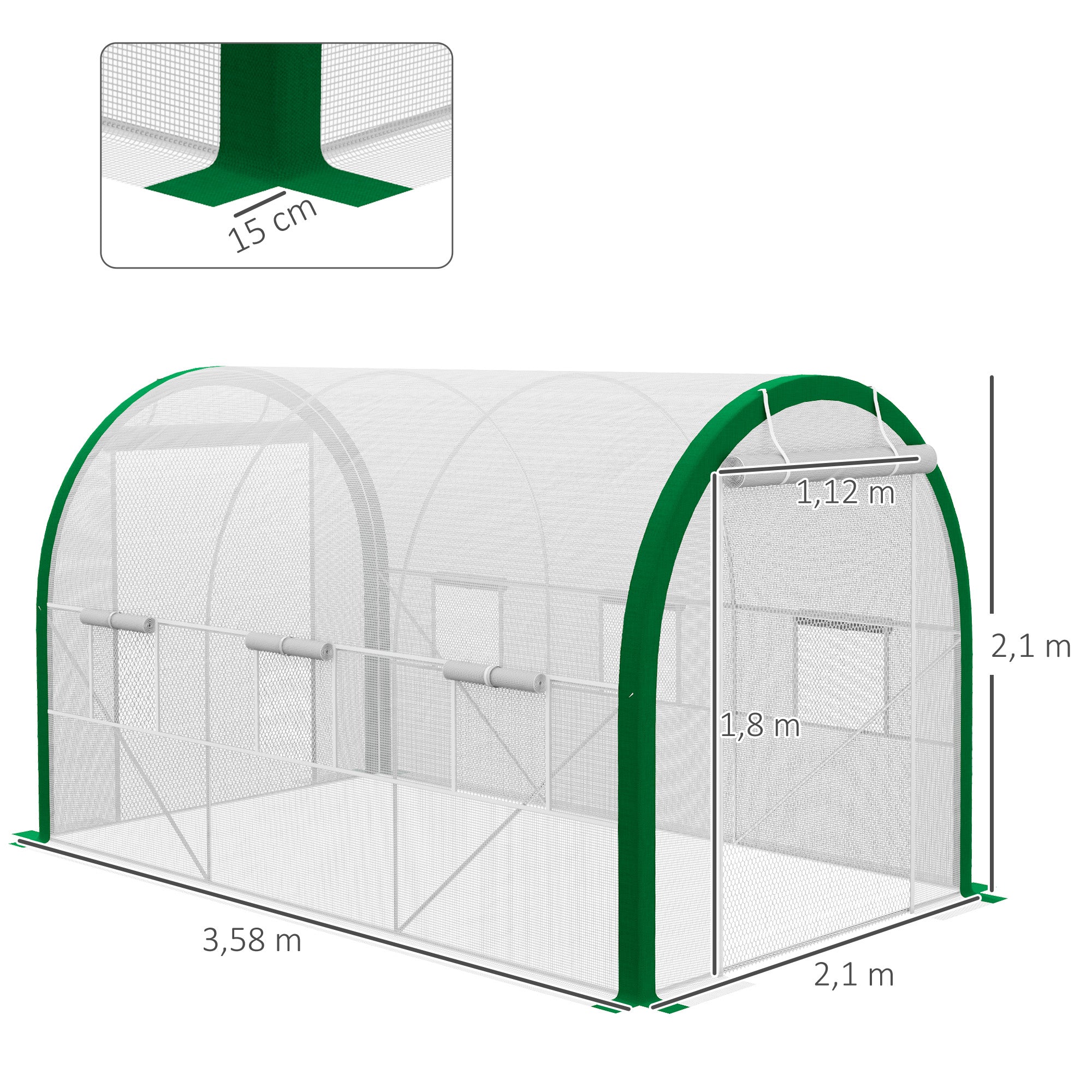 Outsunny Tunnel-Gewächshaus, Treibhaus, Reißverschlusstüren, Netzfenster, Metallrahmen, 3,5 x 2 x 2m, Weiß