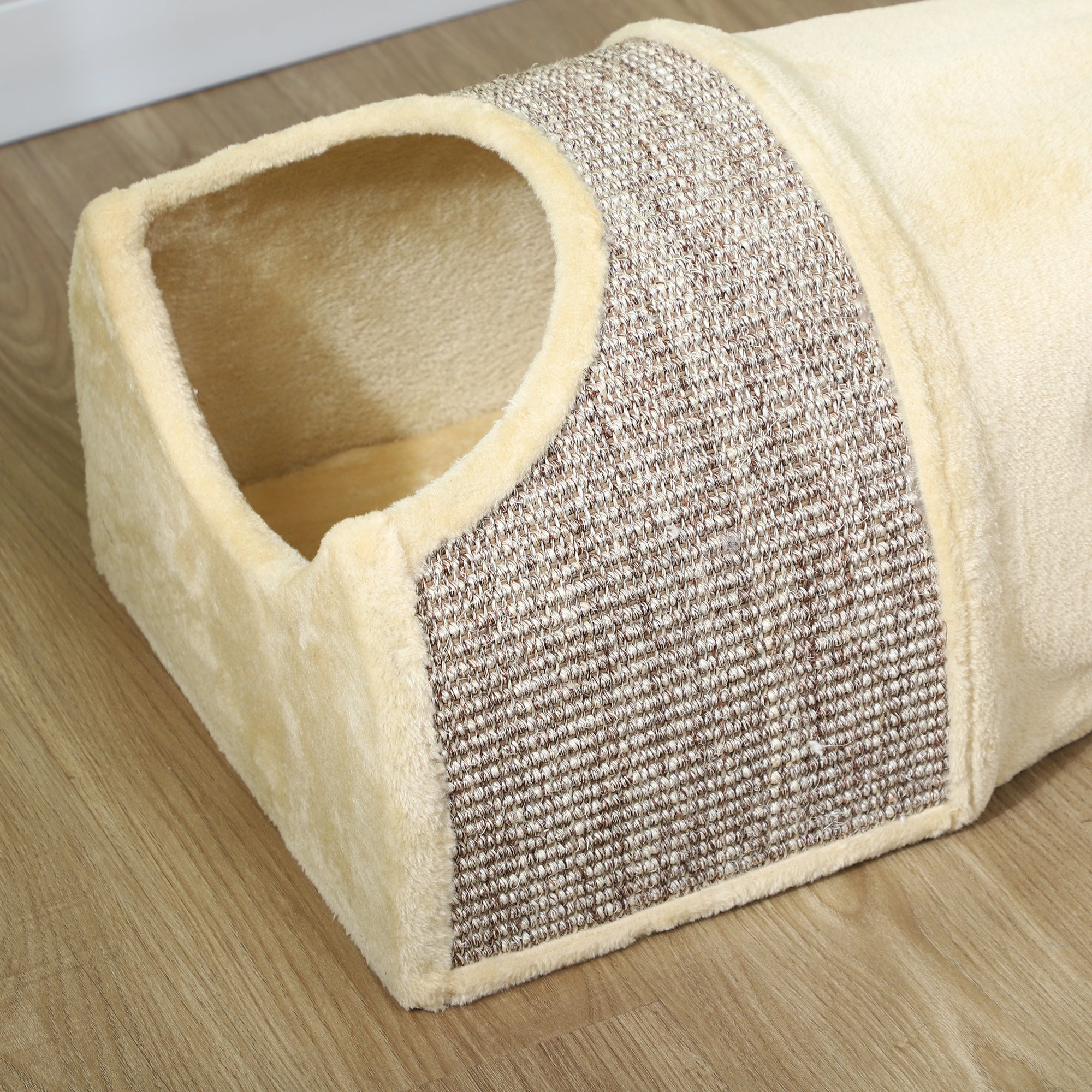 PawHut Katzentunnel mit 3 Öffnungen, plüschig, Sisal-Kratzseil, 107x38x29 cm, Beige/Grau