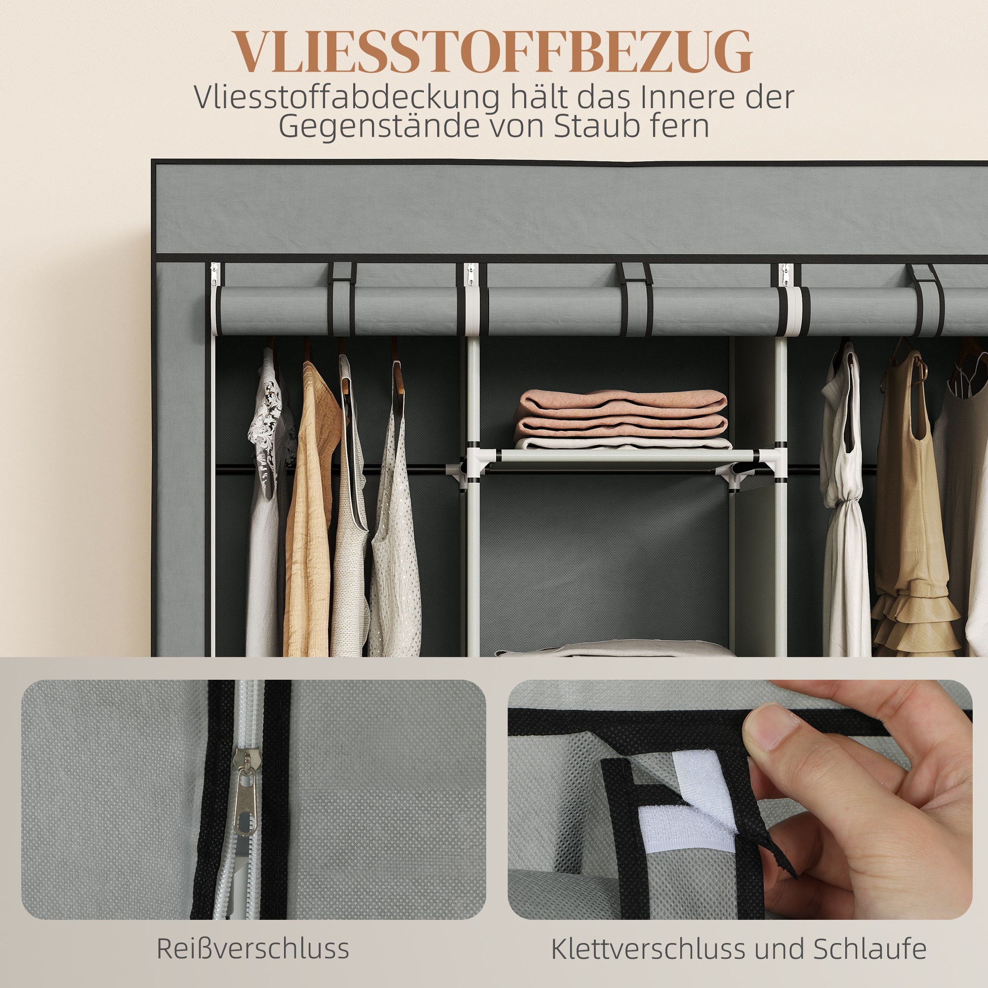 HOMCOM Stoffschrank aus Vlies, Faltschrank, inkl. 3 Schubladen, 125 cm x 43 cm x 162,5 cm, Hellgrau