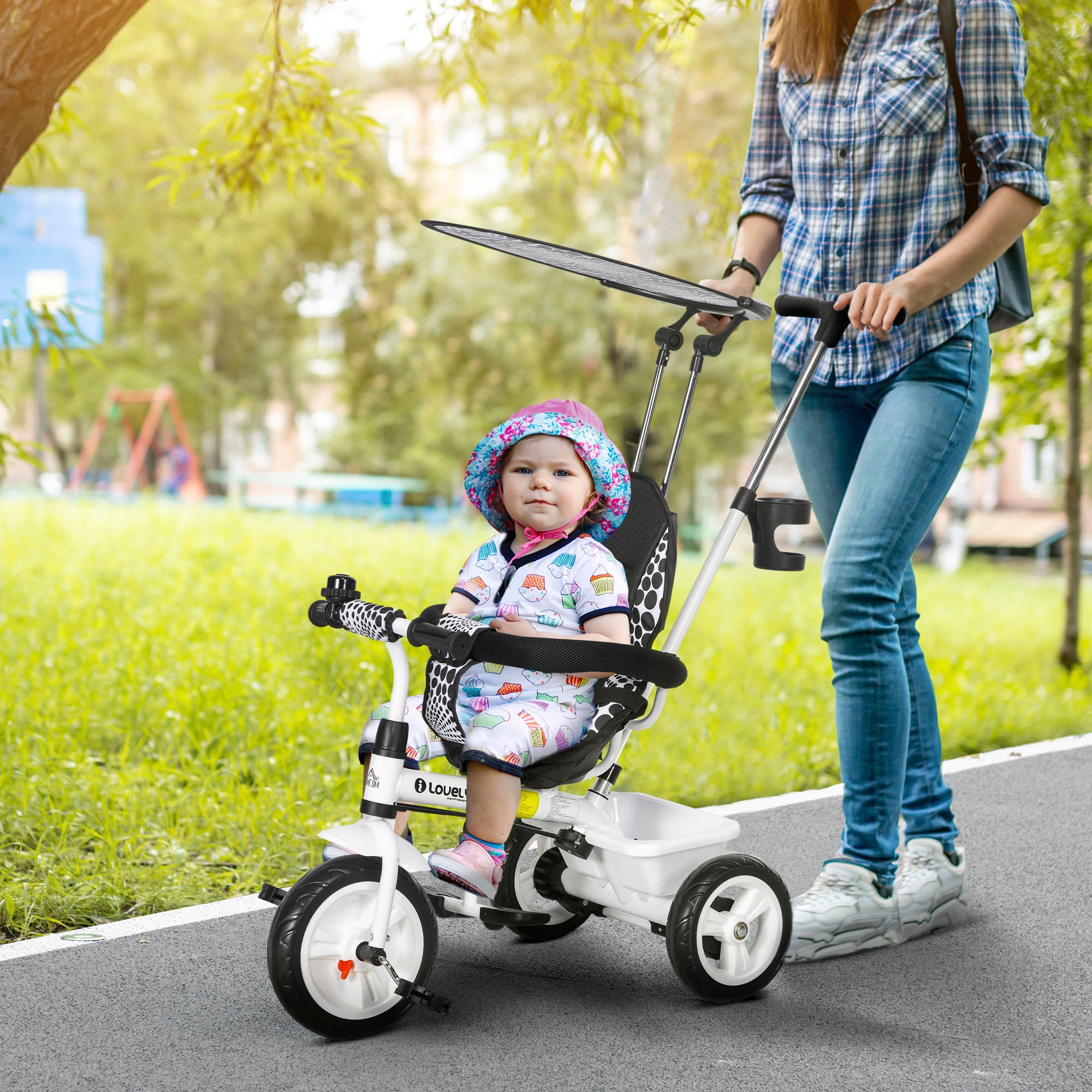 HOMCOM 6-in-1 Kinderdreirad mit Schiebestange, Dach, Gurt, Ablagekorb, für 1-5 Jahre, Weiß